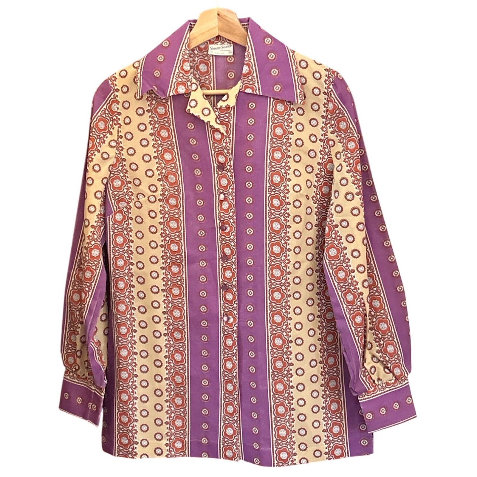 70s Sunny South Button Up Blouse Retro Boho Psychedelic Floral Purple Cream
