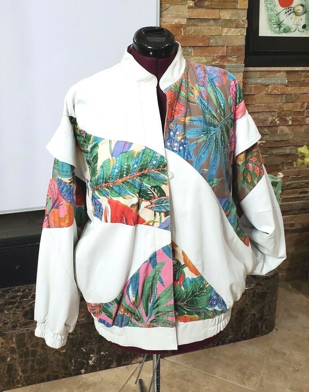 VTG Judith Ann Creation Sequin Beaded White Leather Jacket US L 10-2 Linen 90s