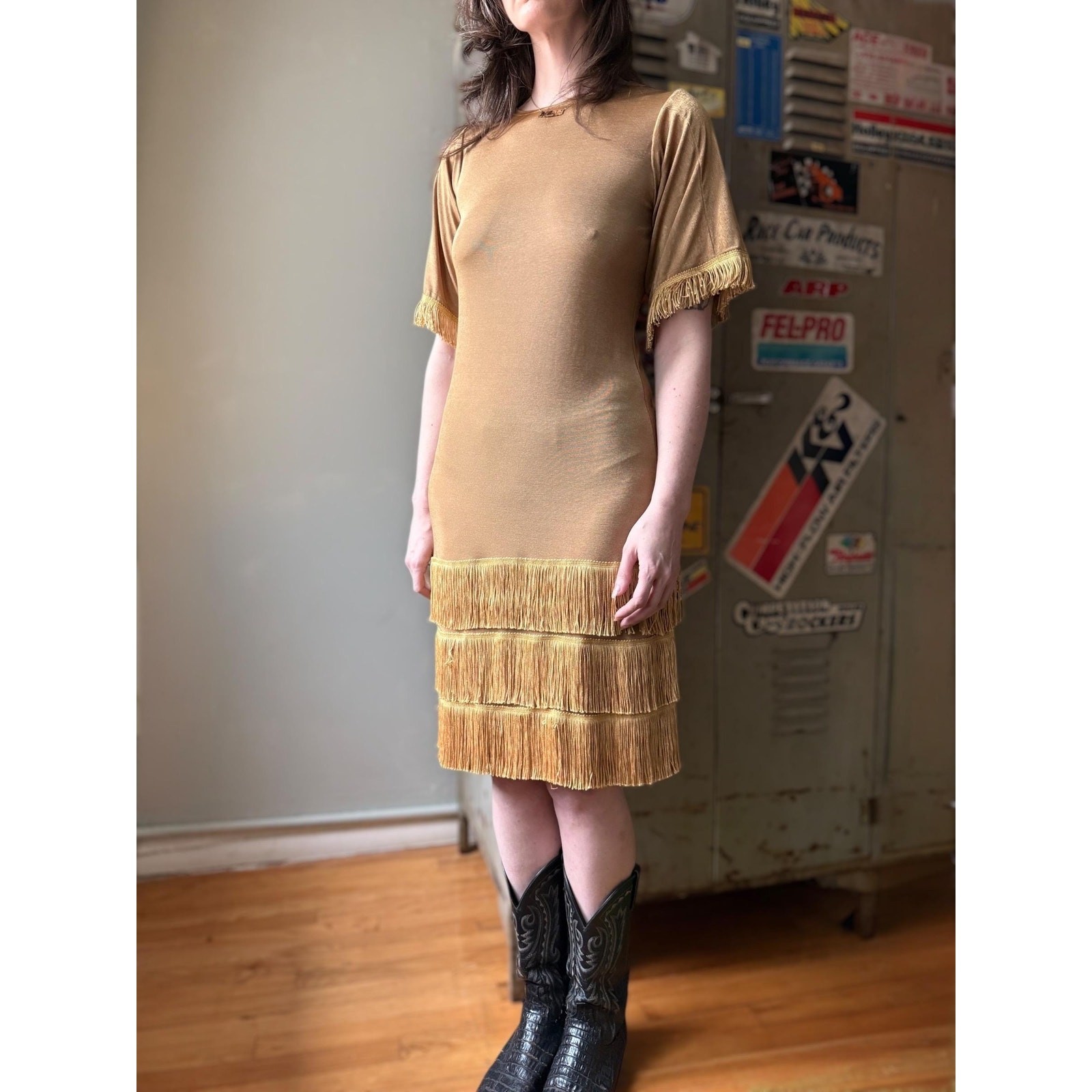 Vintage 70s Metallic Fringe Dress | Disco Cowgirl Knit Mini | Studio 54 | Size M