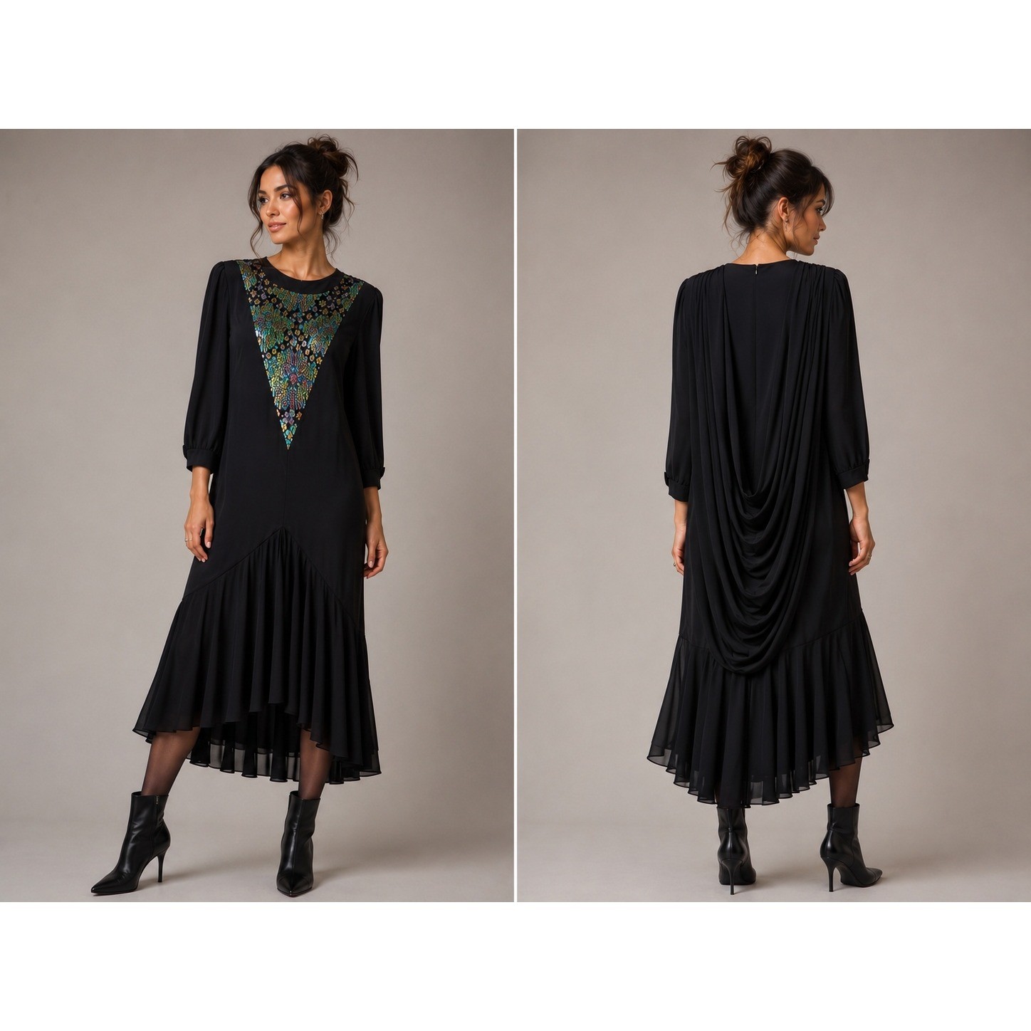 Vintage 80s Draped Back Dress Glam Goth Whimsigoth Black Lurex XL Oversized