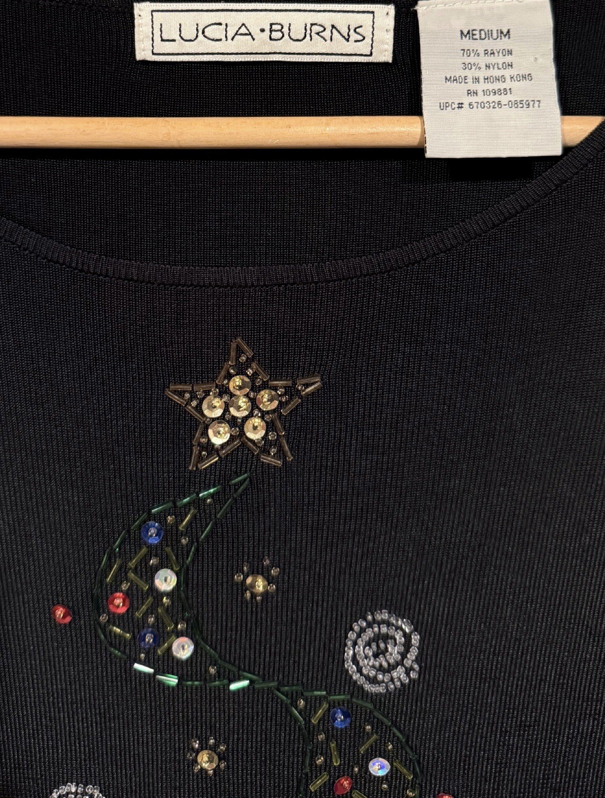 Lucia Burns Vintage 90s Christmas Tree Top Black Sequined Beaded Size M Festive