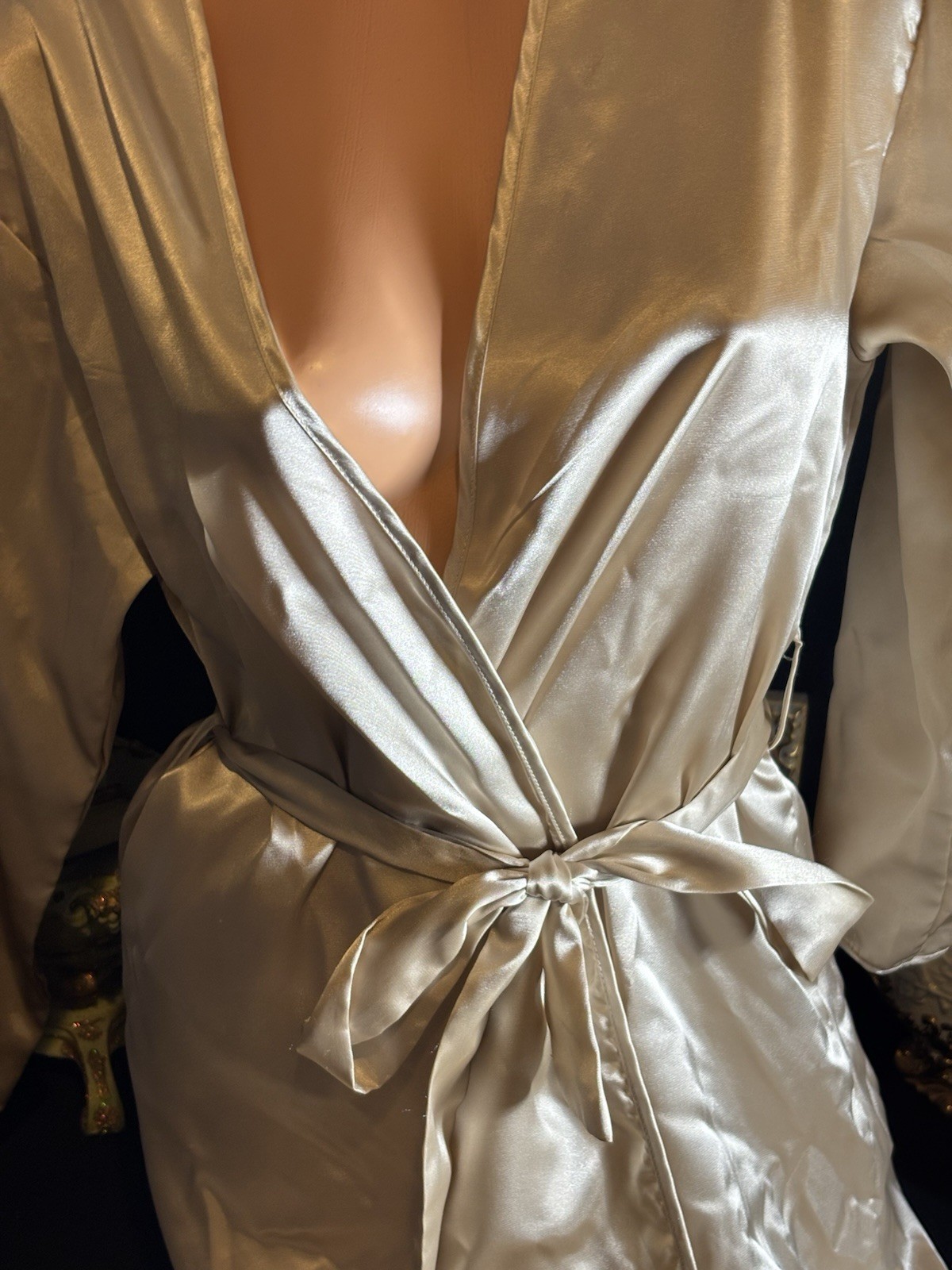 Vtg Soft Satin Nightie Long Dressing gown Soft Nightie Frilly Dress Robe Gold