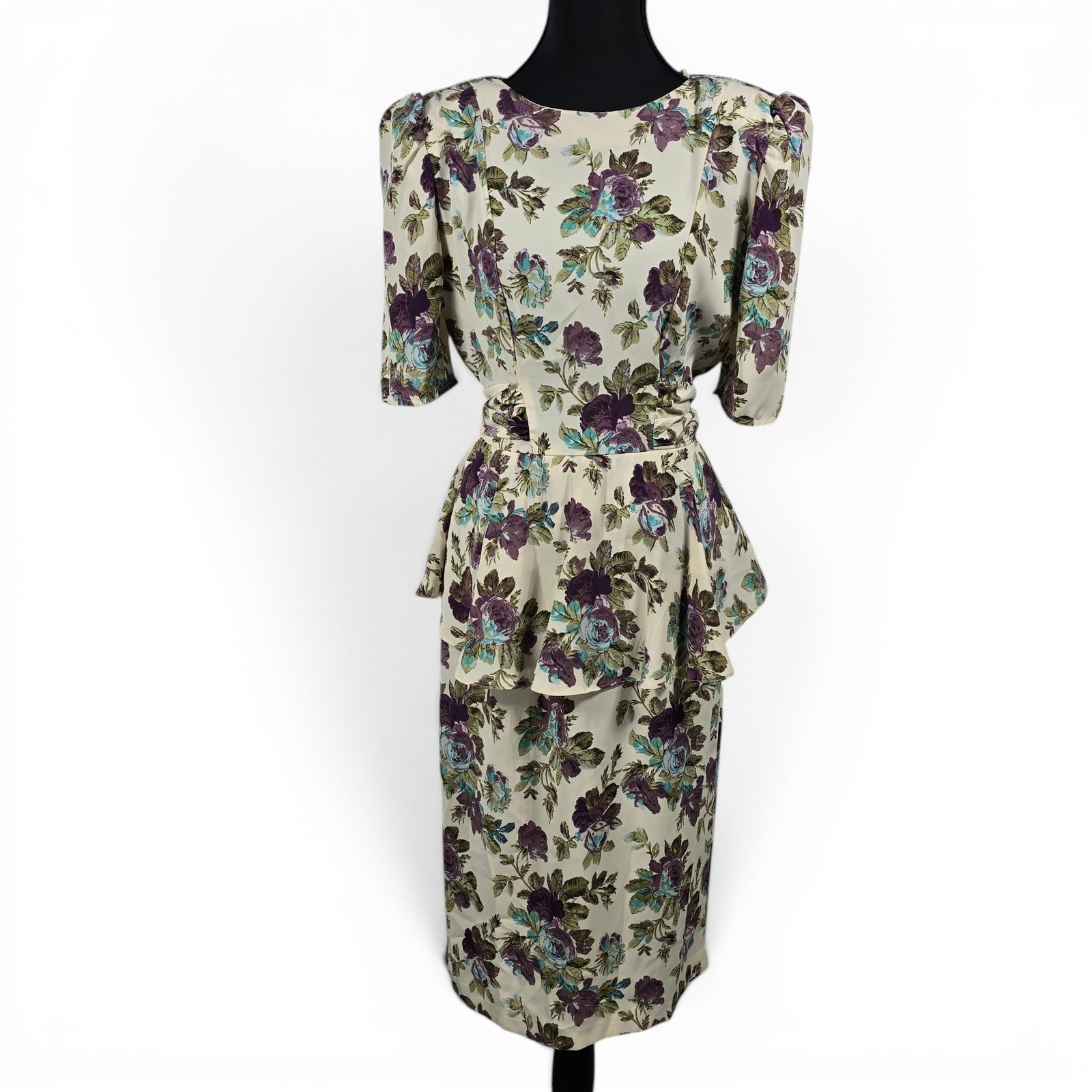 Blondie and Me Vintage 80s Floral Peplum Midi Dress Purple Teal Cream Size 7