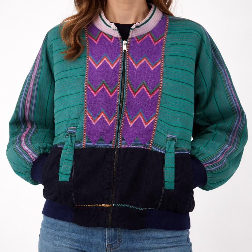 Vtg 90s Guatemalan Hand Woven Cotton Bomber Jacket L Boho Ethnic Huipil Multi L