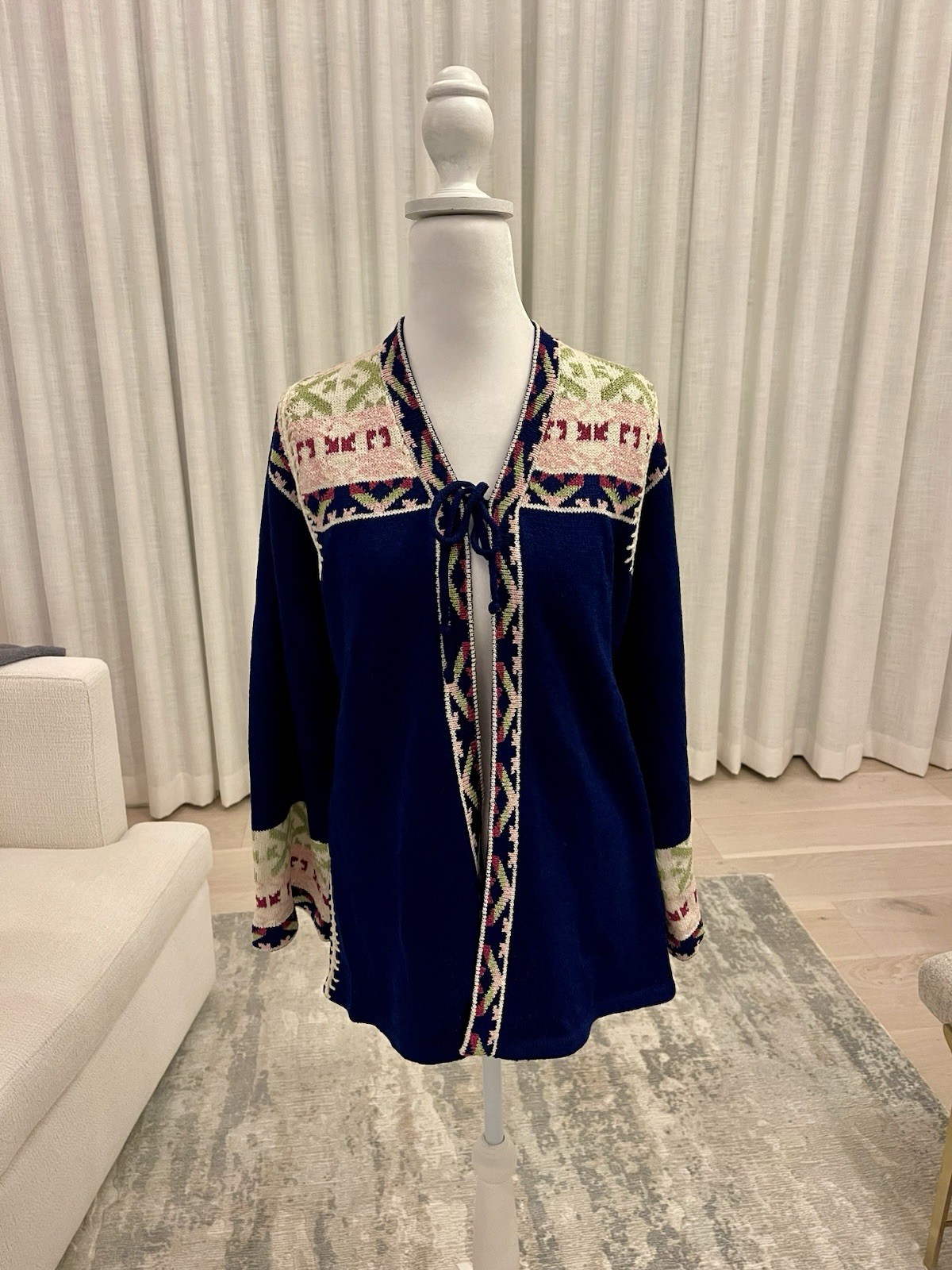 Vintage 70s Miss Joann California Navy Kimono Sleeve Open Cardigan Multicolor