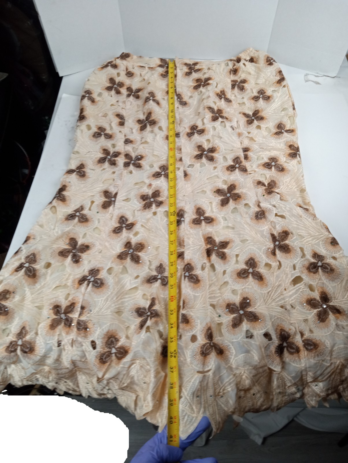 Vintage Floral Embroidered Lace Maxi Skirt 1X 2X Beige Brown Panel Flare 18×40″