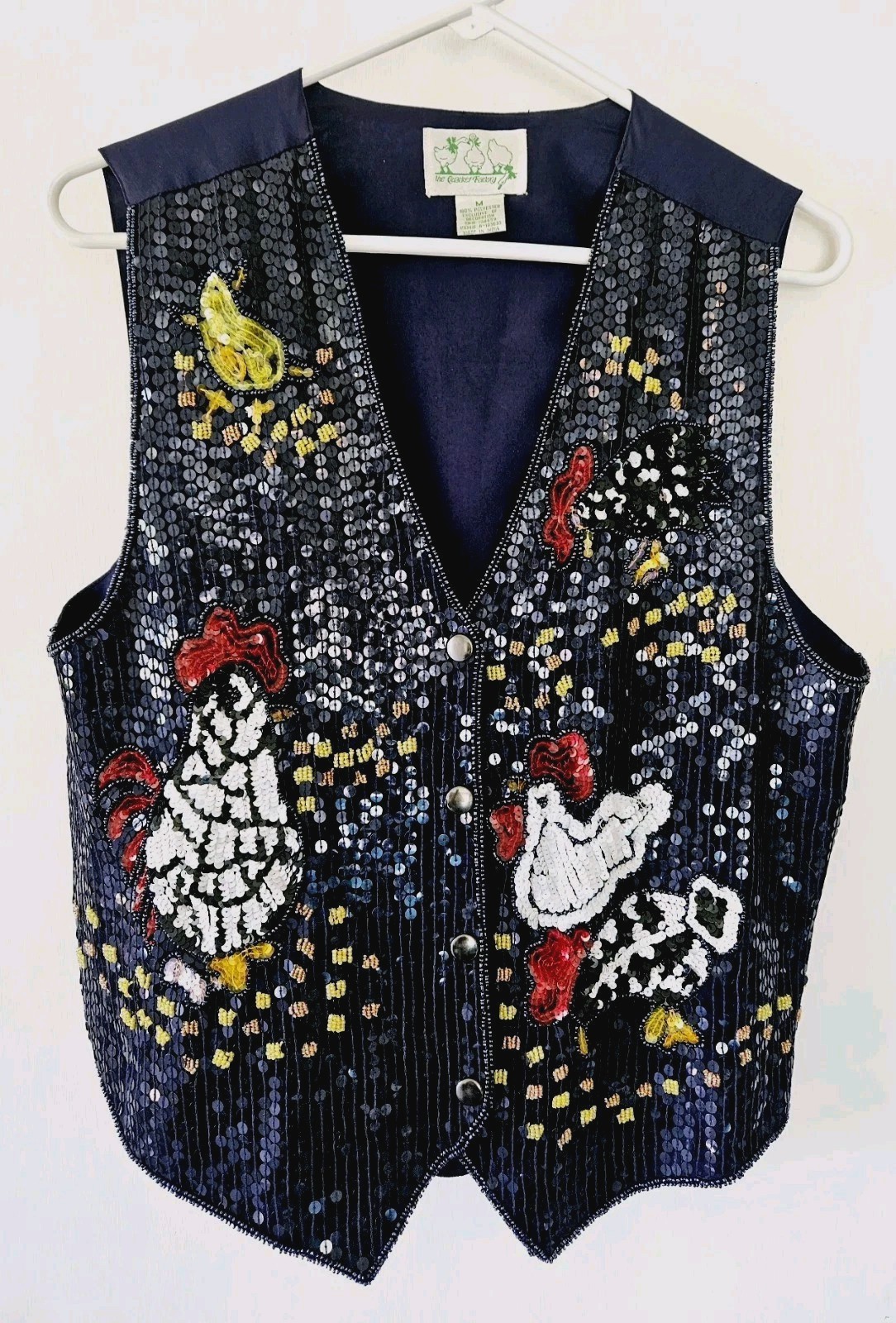 QUACKER FACTORY Y2k Vtg Sequin Beaded Vest Farm CHICKENS Rooster Cottagecore M