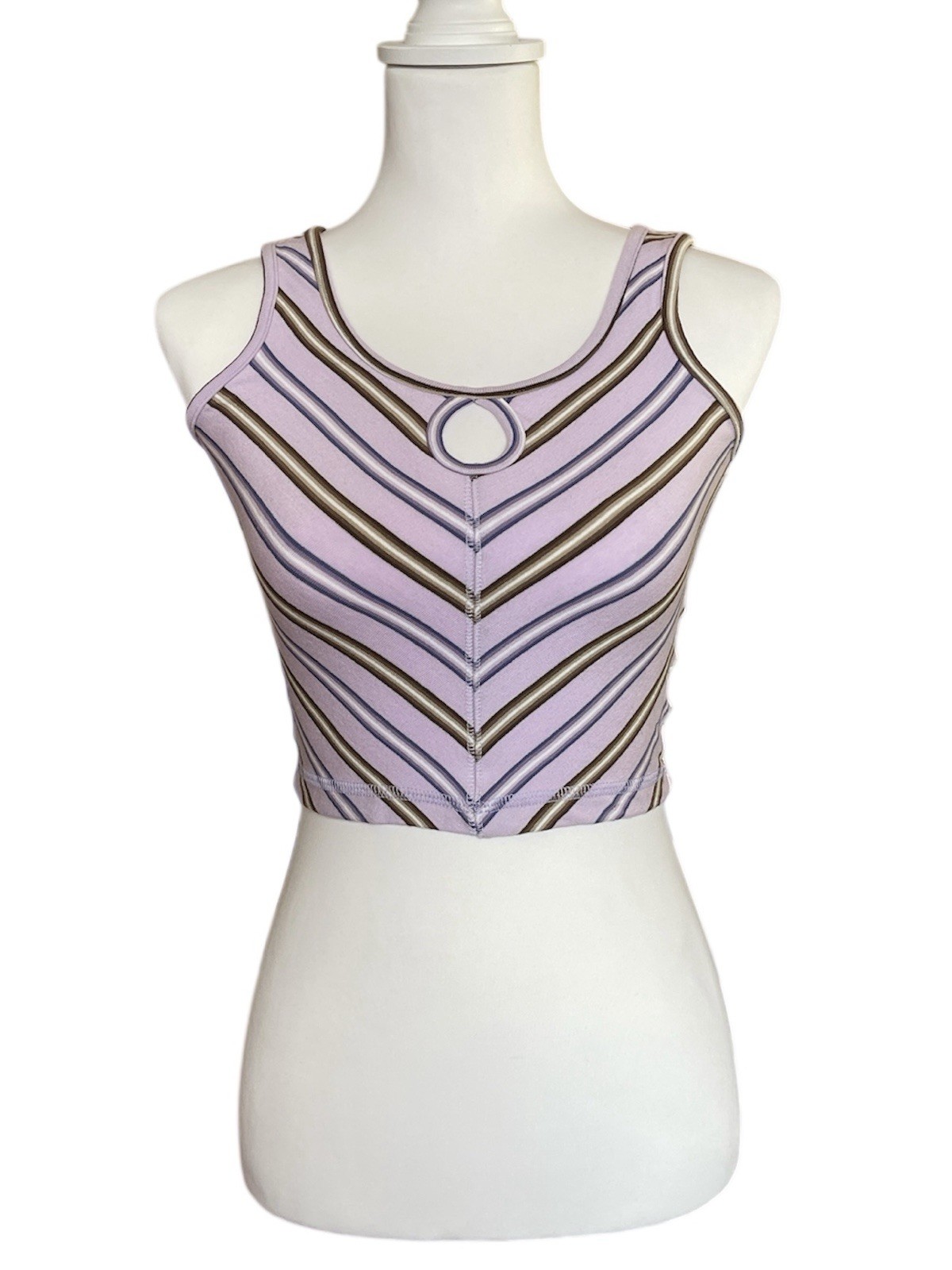 Y2K Blue Asphalt Lavender Brown Striped Knit Cropped Tank Top Keyhole Sleeveless