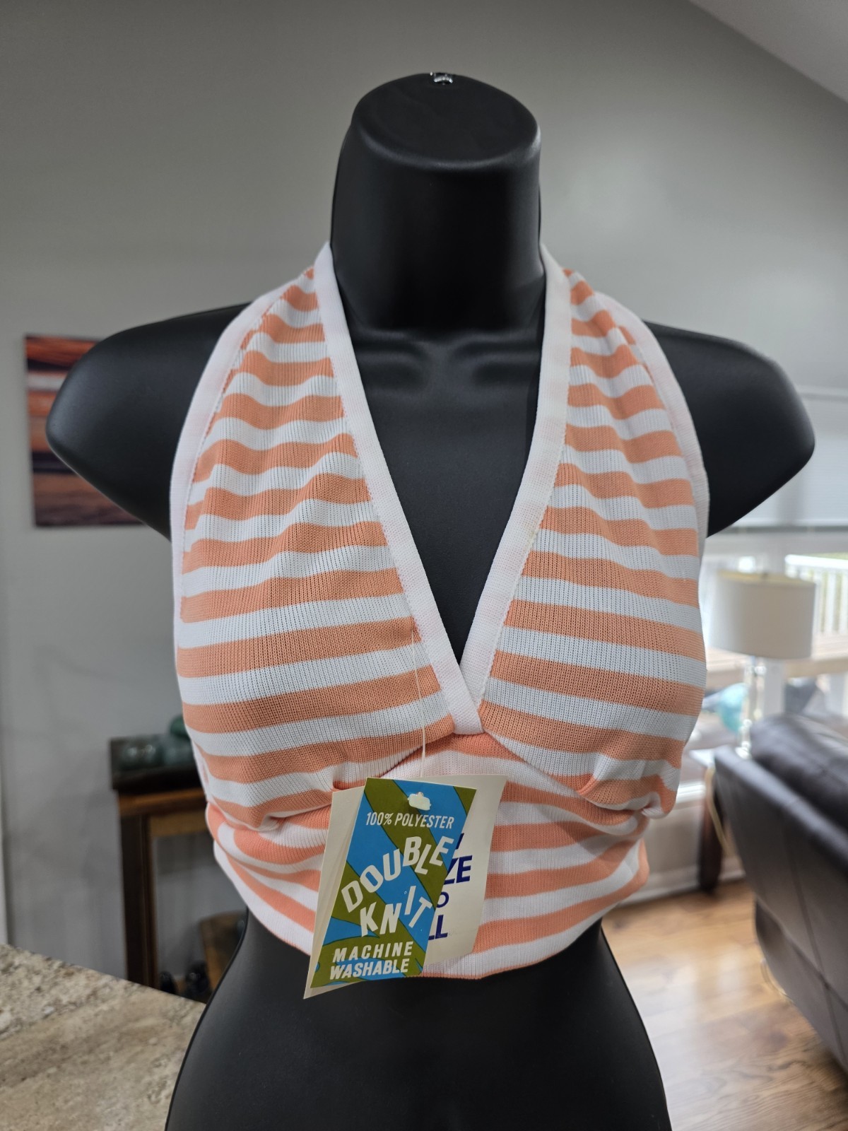 NOS Vtg 1970s Halter Top Double Knit Deadstock One Size Fits All Orange / White