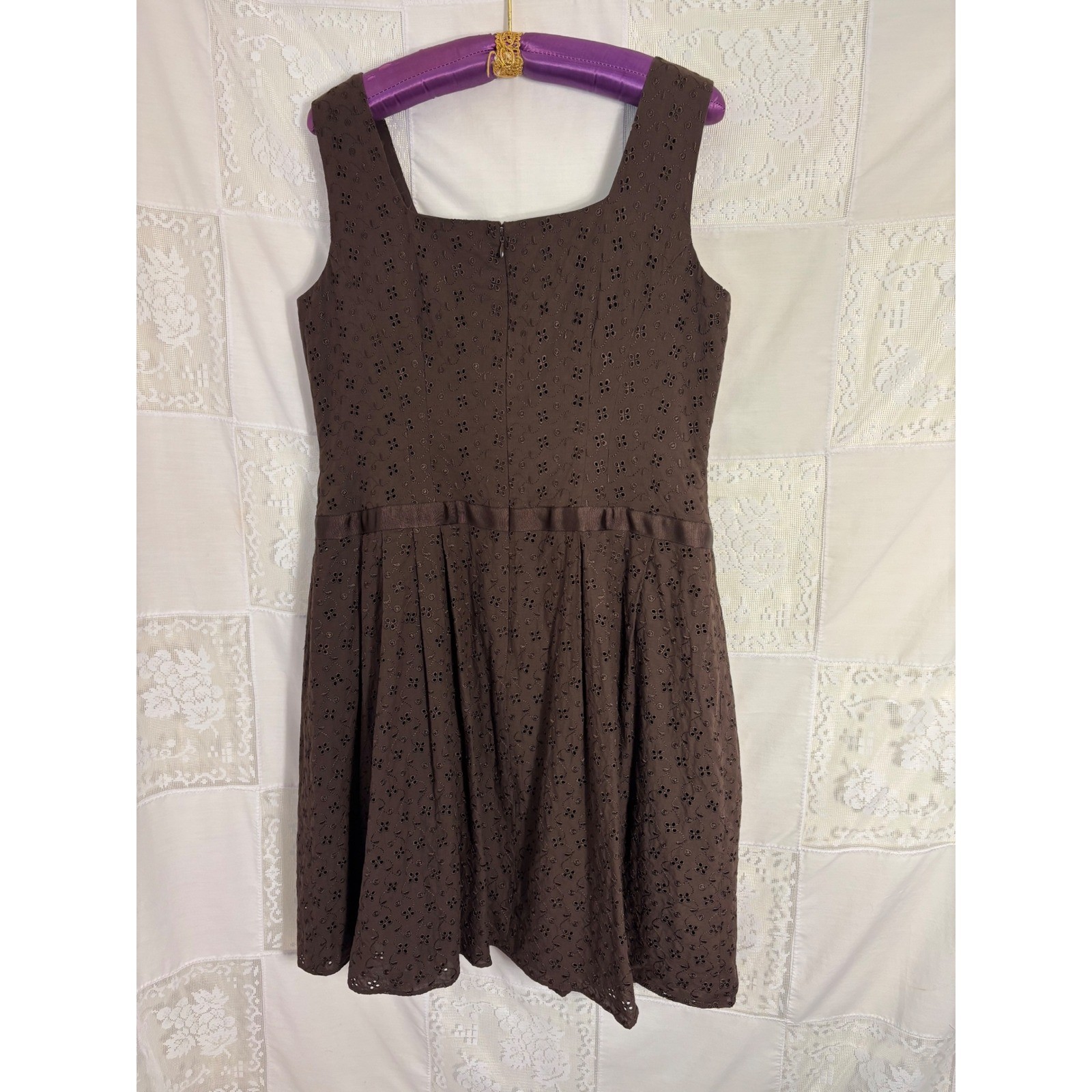 VTG Brown Cottage Twee Bow Front Babydoll Cotton Eyelet Midi Dress Size XL