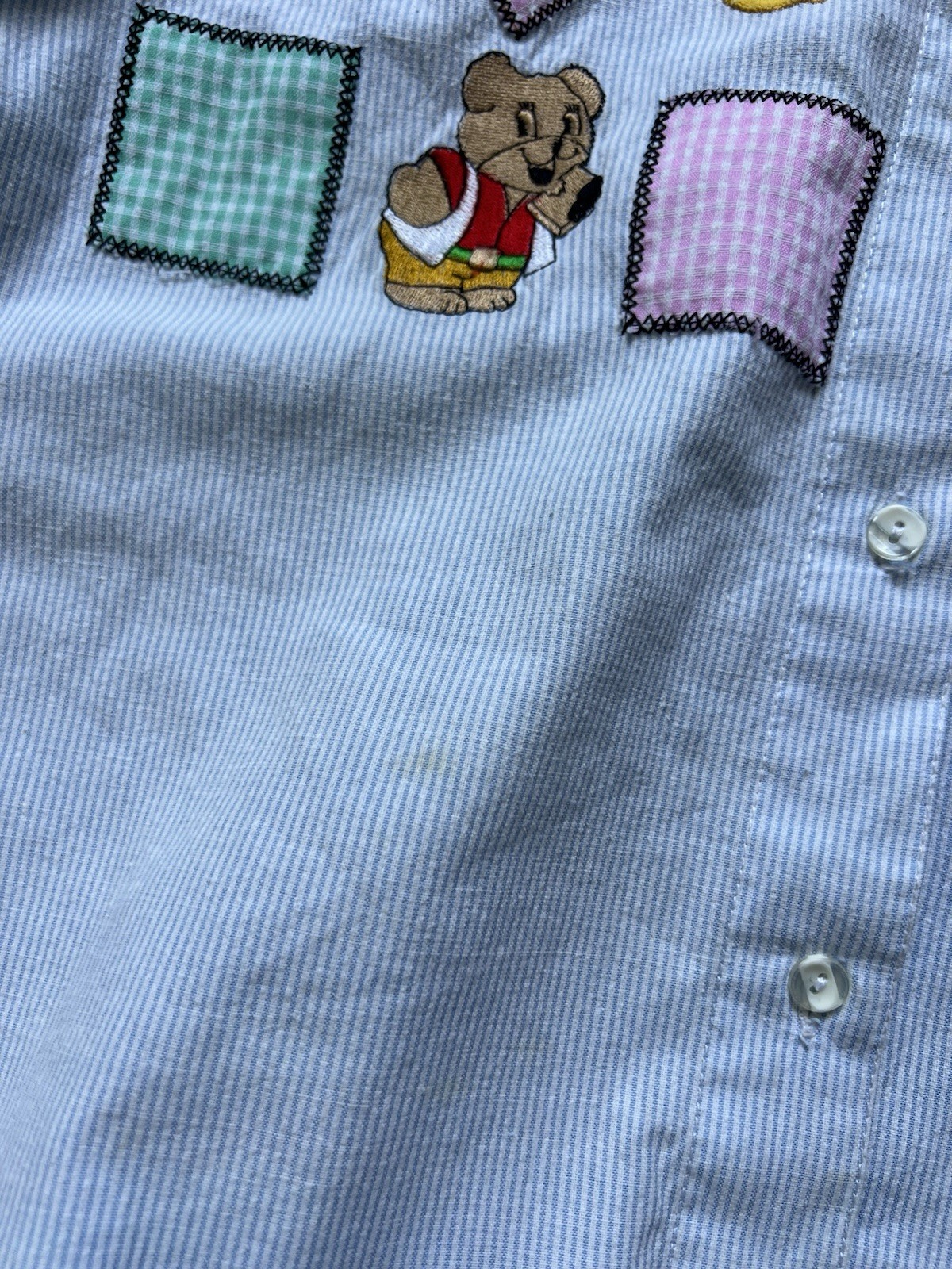 Vintage 90s Denim Shirt Large Blue Pin Stripe Patchwork Teddy Bear Cottagecore