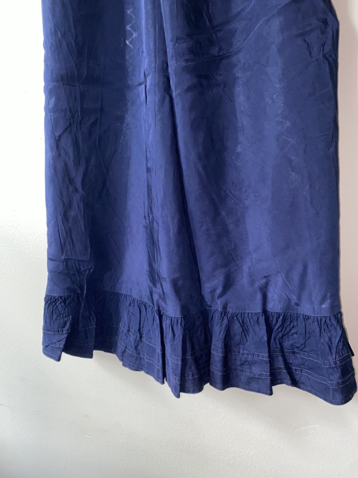 Vintage 1940s, 1950s Women’s Dark Navy Blue Satin Slip Dress with Ruffle Detail