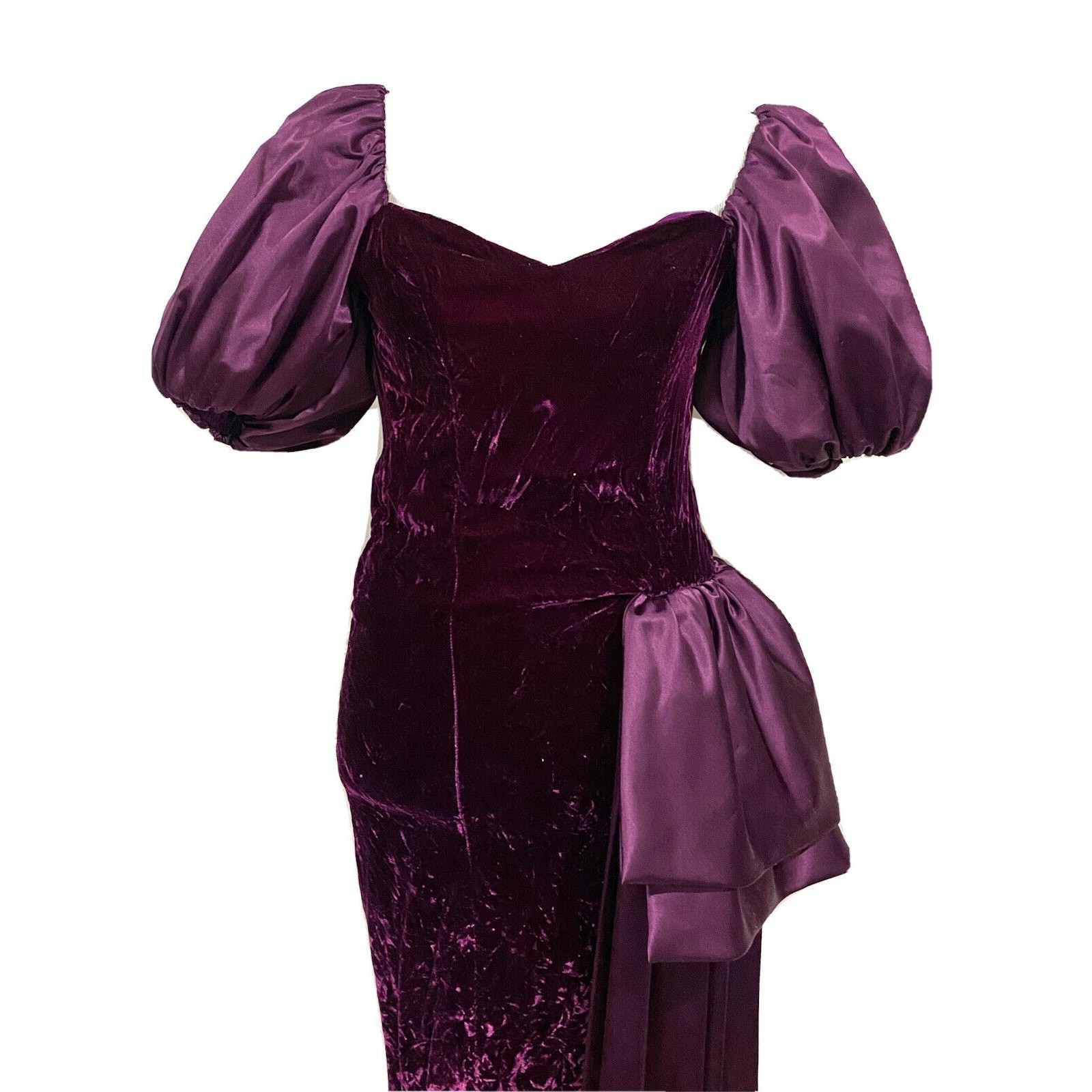 Vintage 90s Formal Dress Gown Velvet Puffy Sleeves Purple Drape Sash Women’s XS