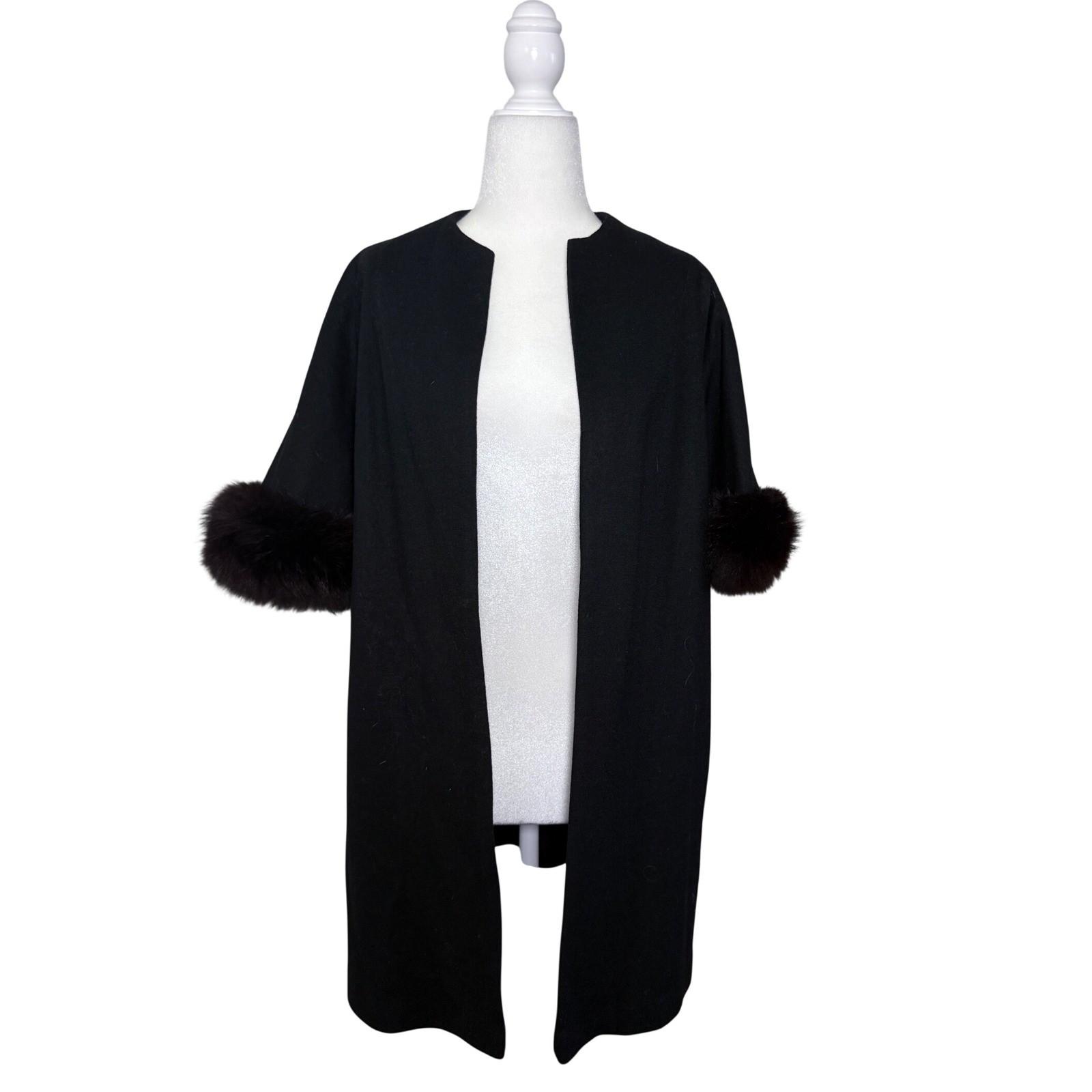 Vintage 50s 60s Claralura Original California Black Wool Coat Fur Trim Sleeves
