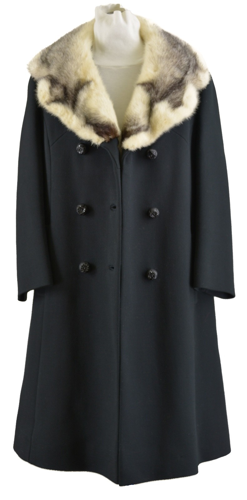 Vintage Double Breasted Black Wool Blend Coat, Black and Ivory Mink Fur Collar