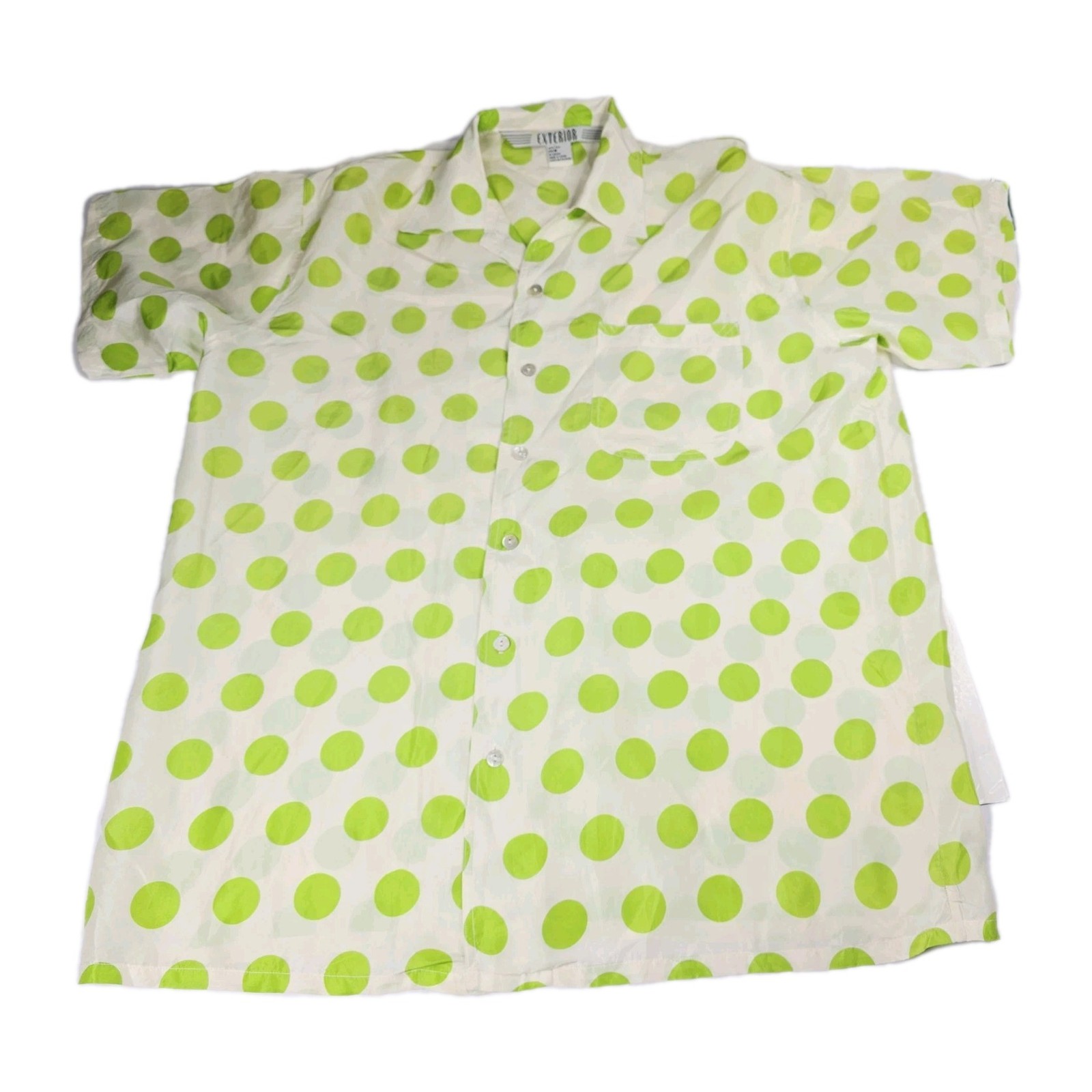 Vtg EXTERIOR 60s 70s White Green Polka Dot Silky Blouse Top Medium Sleepwear