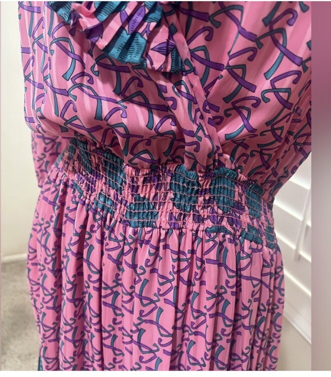 VNTG 80s Susan Freis satin multicolor floral faux wrap elastic ruffle dress M