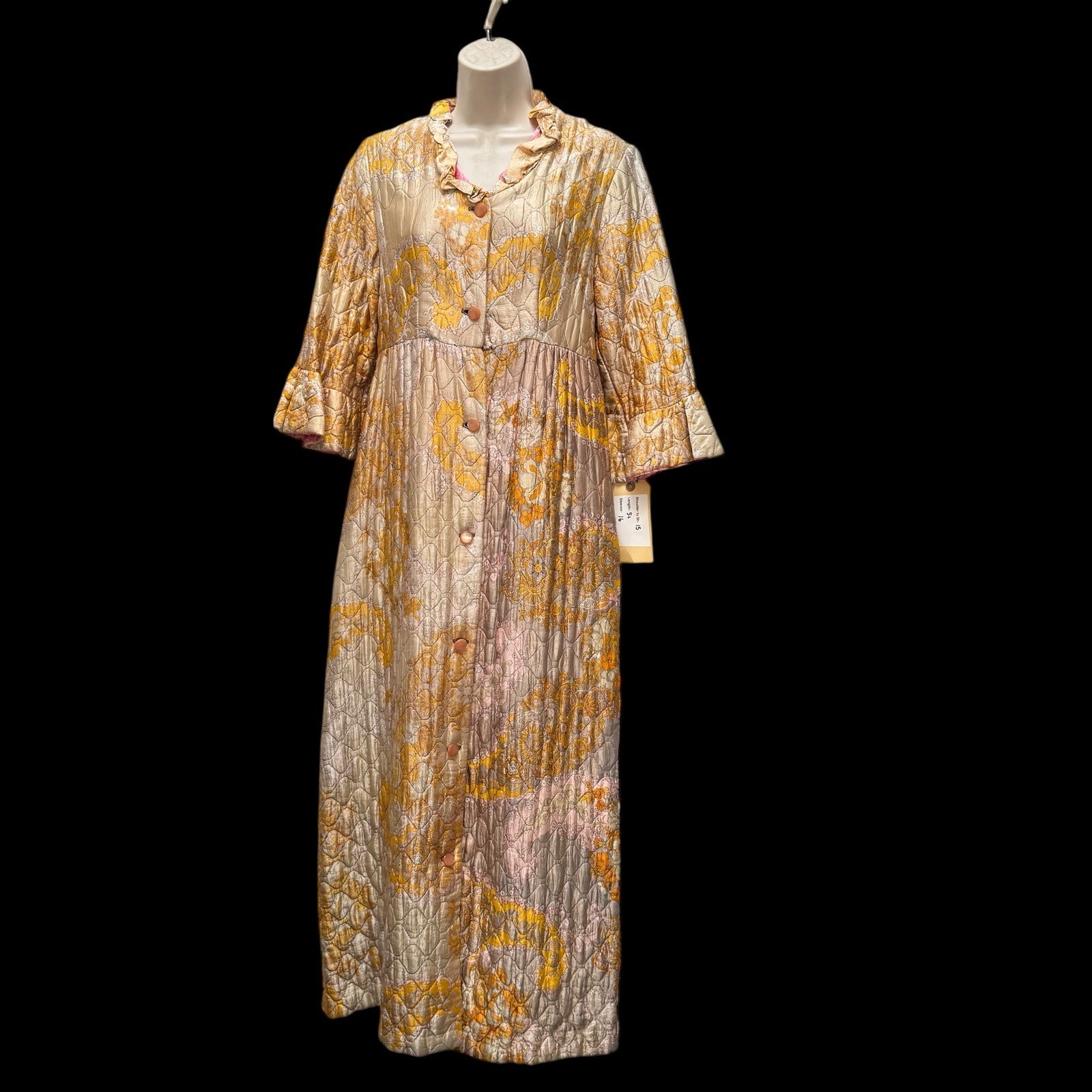 Vintage 1960s Quilted Hostess Gown Pink Sash Lounge Robe Psychedelic Print