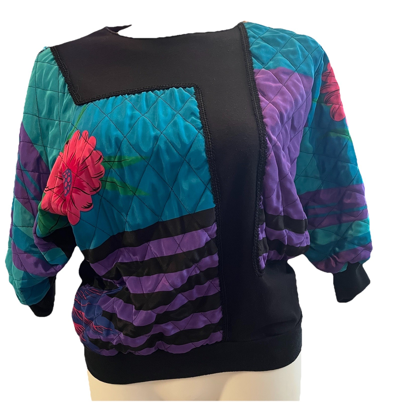VTG Quilted Patchwork Top M/L Multicolor Retro 1/2 Sleeve Maximalist Art To Wear