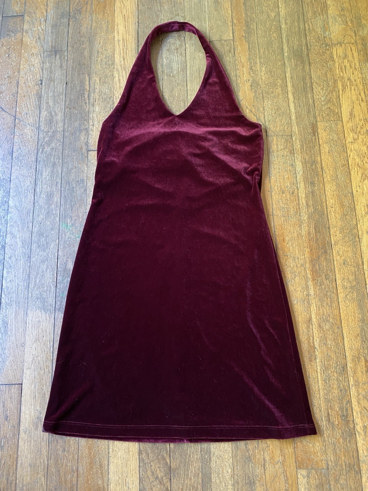 Eye Candy Vintage 90s Y2K Burgundy Velvet Halter Neck Mini Dress USA Large