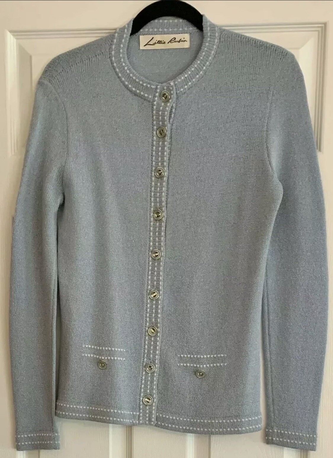 Vintage Blue Cardigan Lillie Rubin Medium Knit Sweater Blazer Jacket Classic