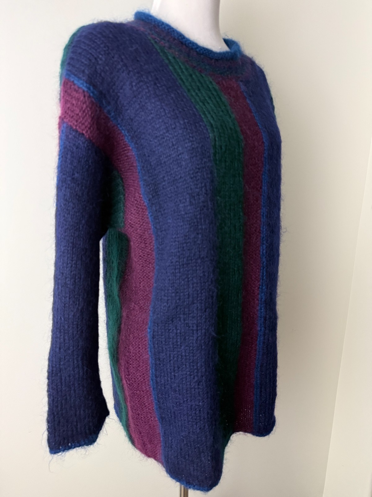 Paris Sport Club Vintage Hand Knitted Mohair Blend Striped Sweater Purple Teal S