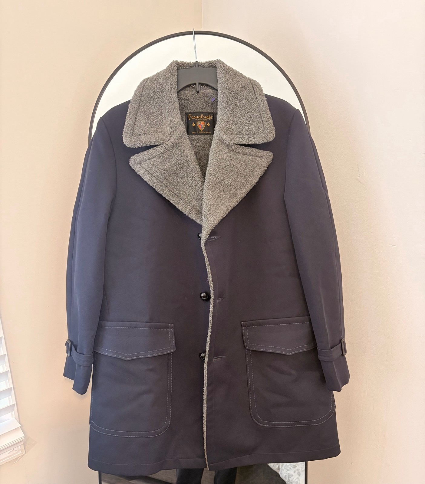 Casualcraft of New York Mens Overcoat Faux Fur Collar Navy Size 42R