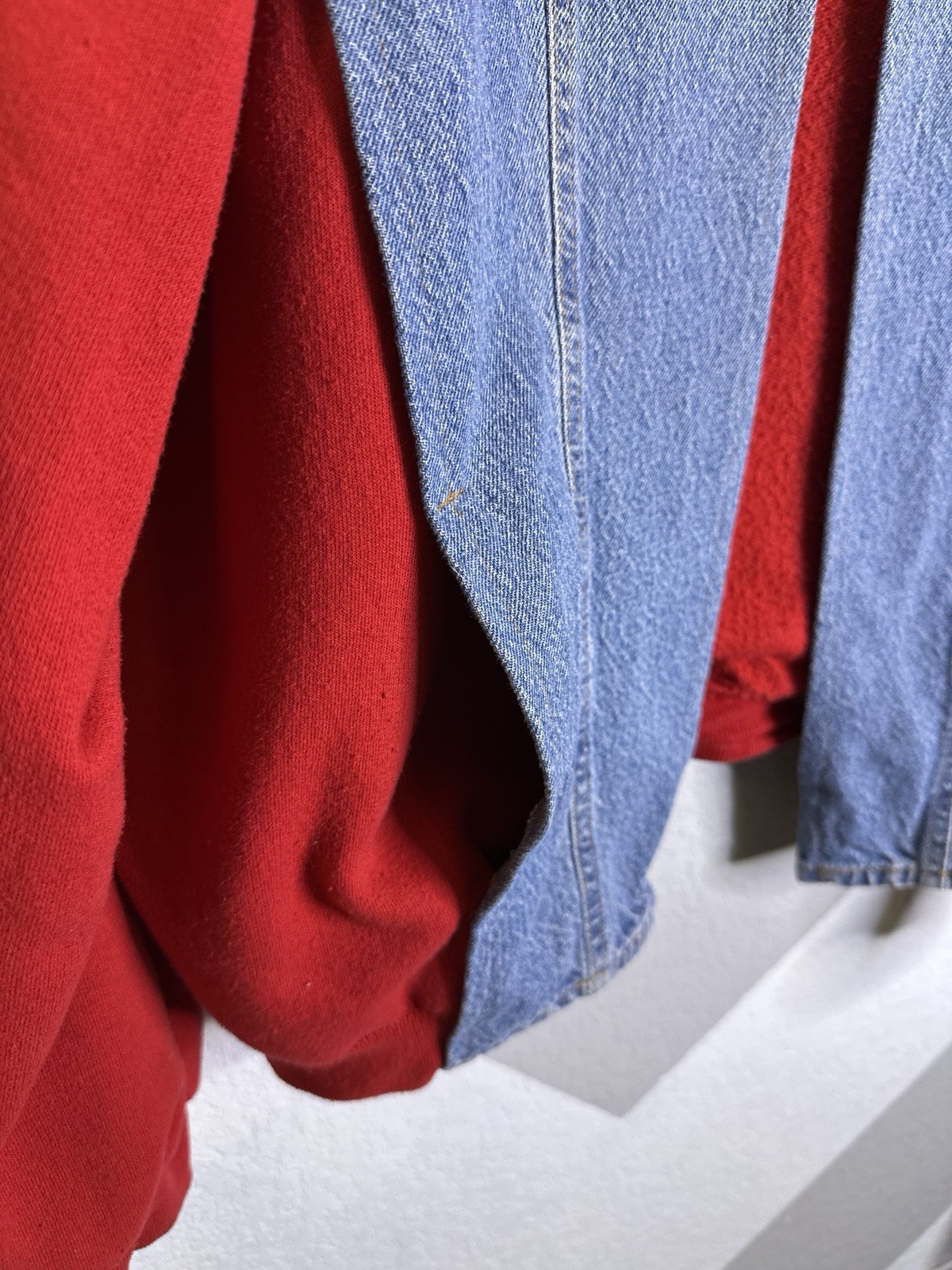 Jerzees Womens Red Denim Tribal Jacket Open Front Reworked 90s 3XL Handmade Vtg