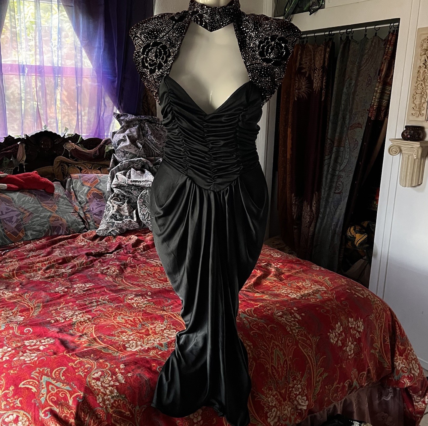 1980s David Howard Climax Karen Okada Ruched Hip Wiggle Dress Black Burgundy XS