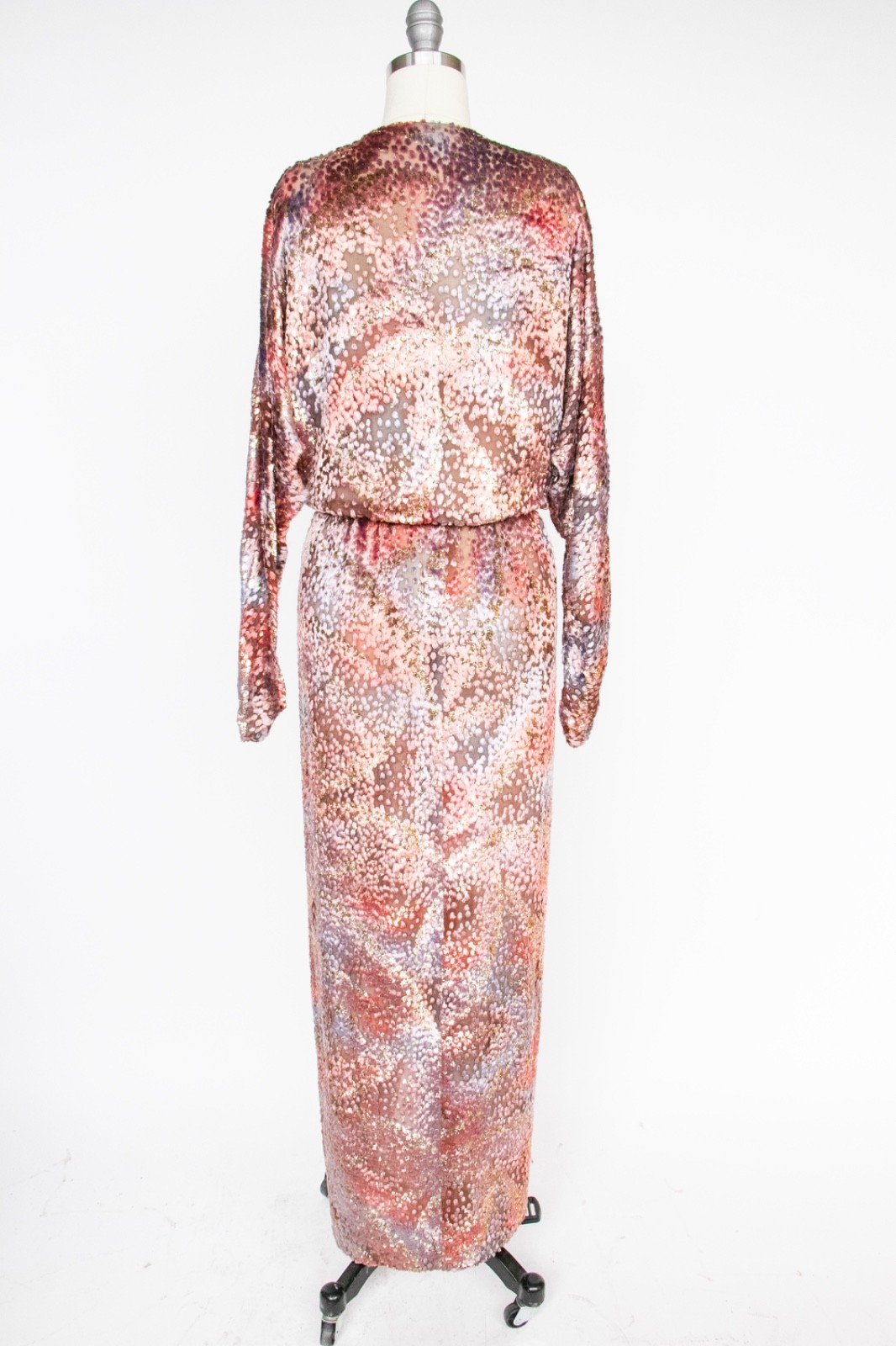 1970s Dress Silk Velvet Burnout Semi-Sheer Maxi Gown Jill Richards