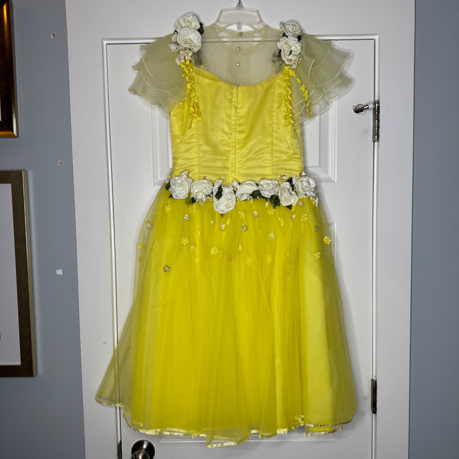 VTG 50s Tulle Gown Prom Dress Yellow Cupcake Illusion Neckline Cotillion XS