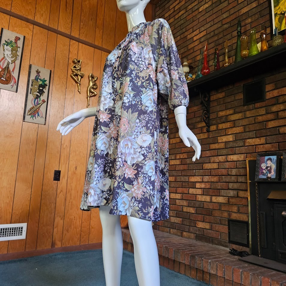Vtg 70s Plus Size Boho Impressionist Floral Caftan Hippie Hostess Dress 1X/2X/3X