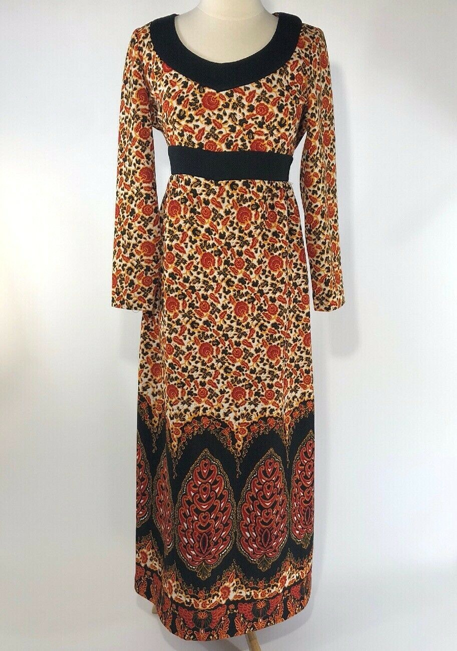 Vintage Dress Polyester Union Made size 12 Floral black orange Fortrel Textured