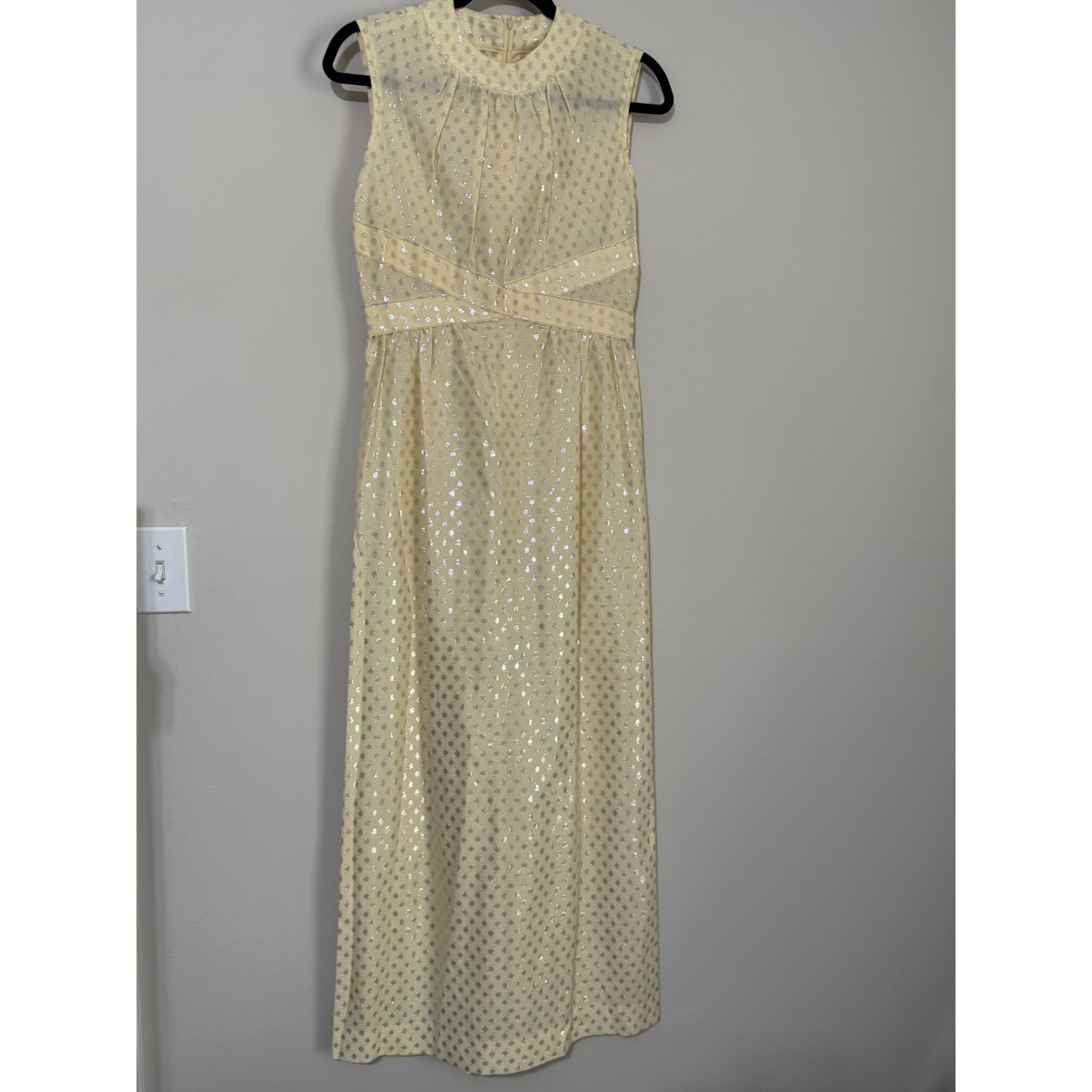Vtg Yellow Silver Metallic Filigree Mock Neck Maxi Dress Gown MCM regencycore