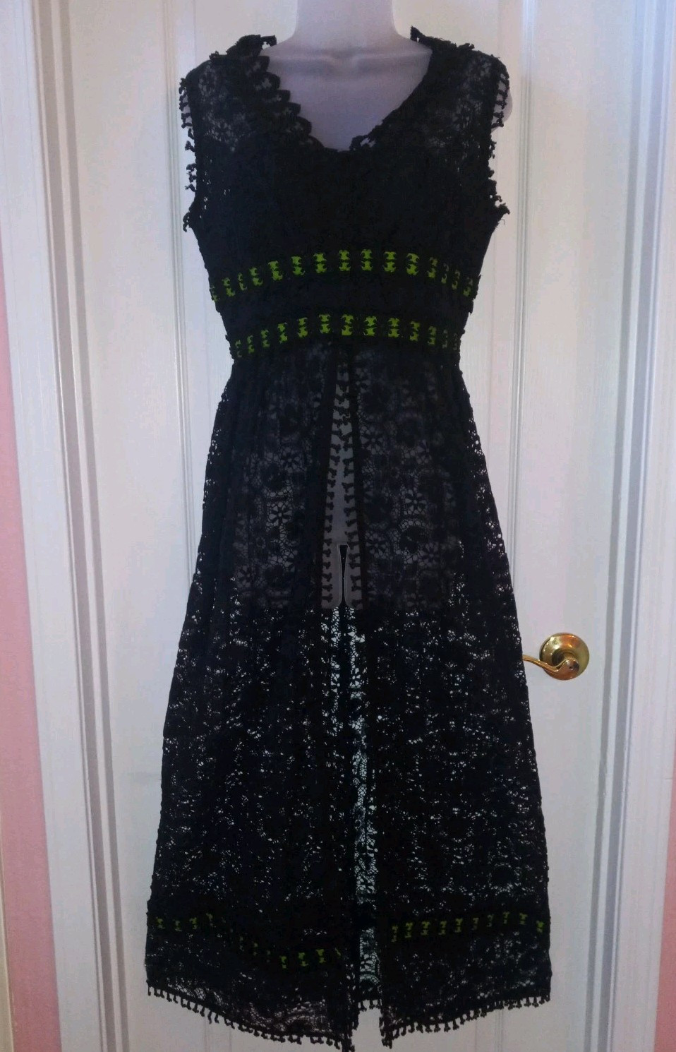 Vintage Futura Couture Sheer Black Lace Green Ribbon Maxi Hostess Dress Tiki O M