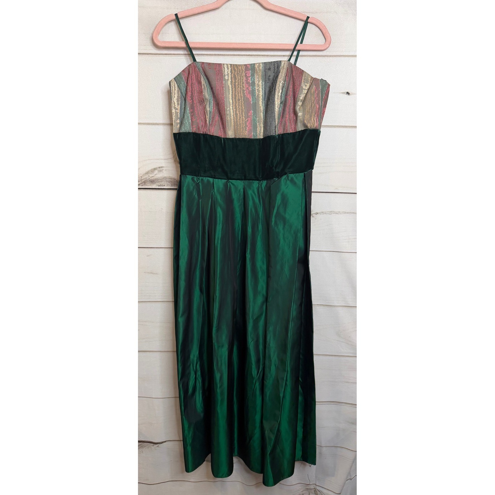 Vintage ILGWU Green Taffeta Brocade Velvet Formal Evening Gown Dress Size 12