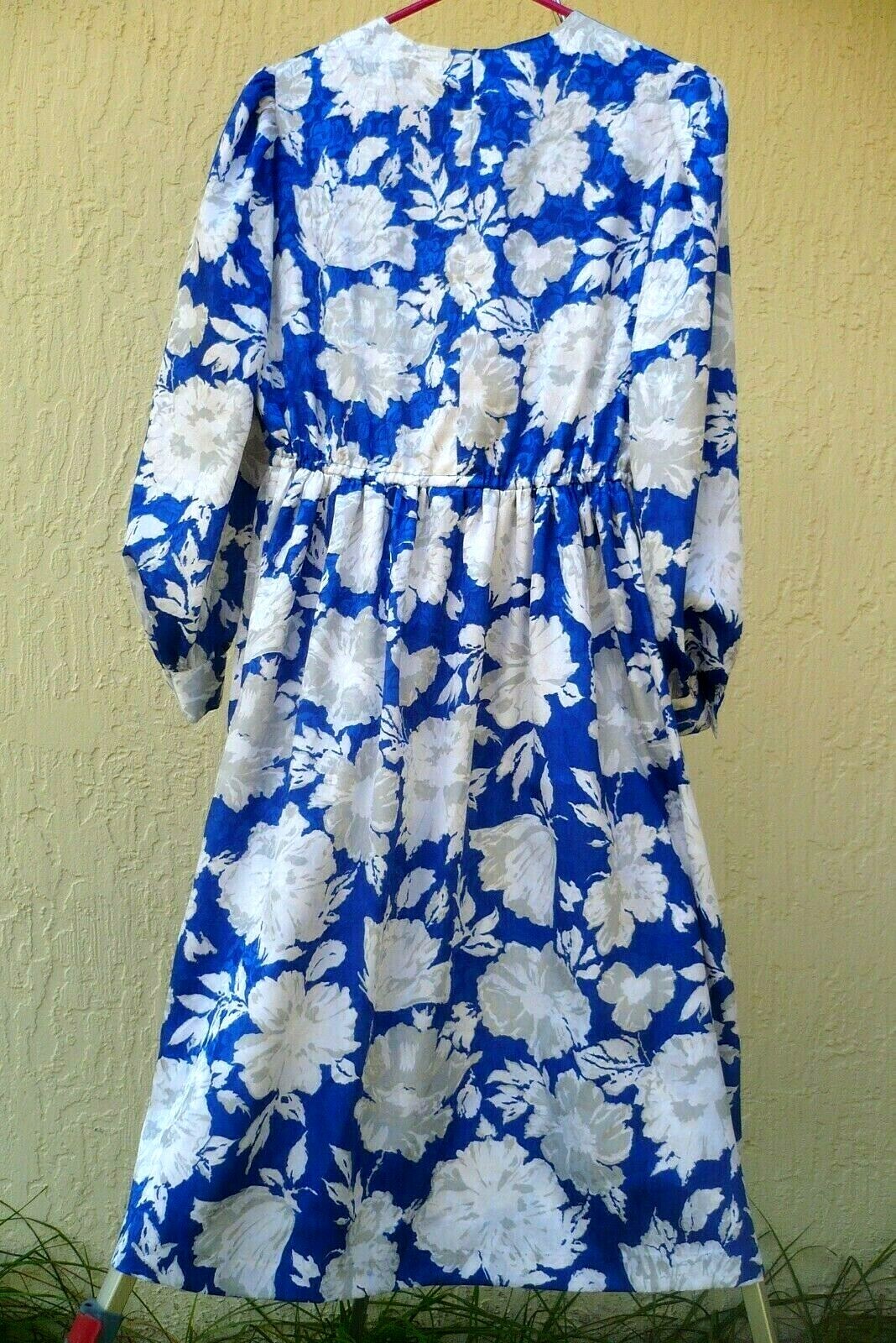 VTG 80S SECRETARY SATIN S M BELTED ROYAL BLUE WHITE FLORAL PLEAT TOP DRESS WOMEN