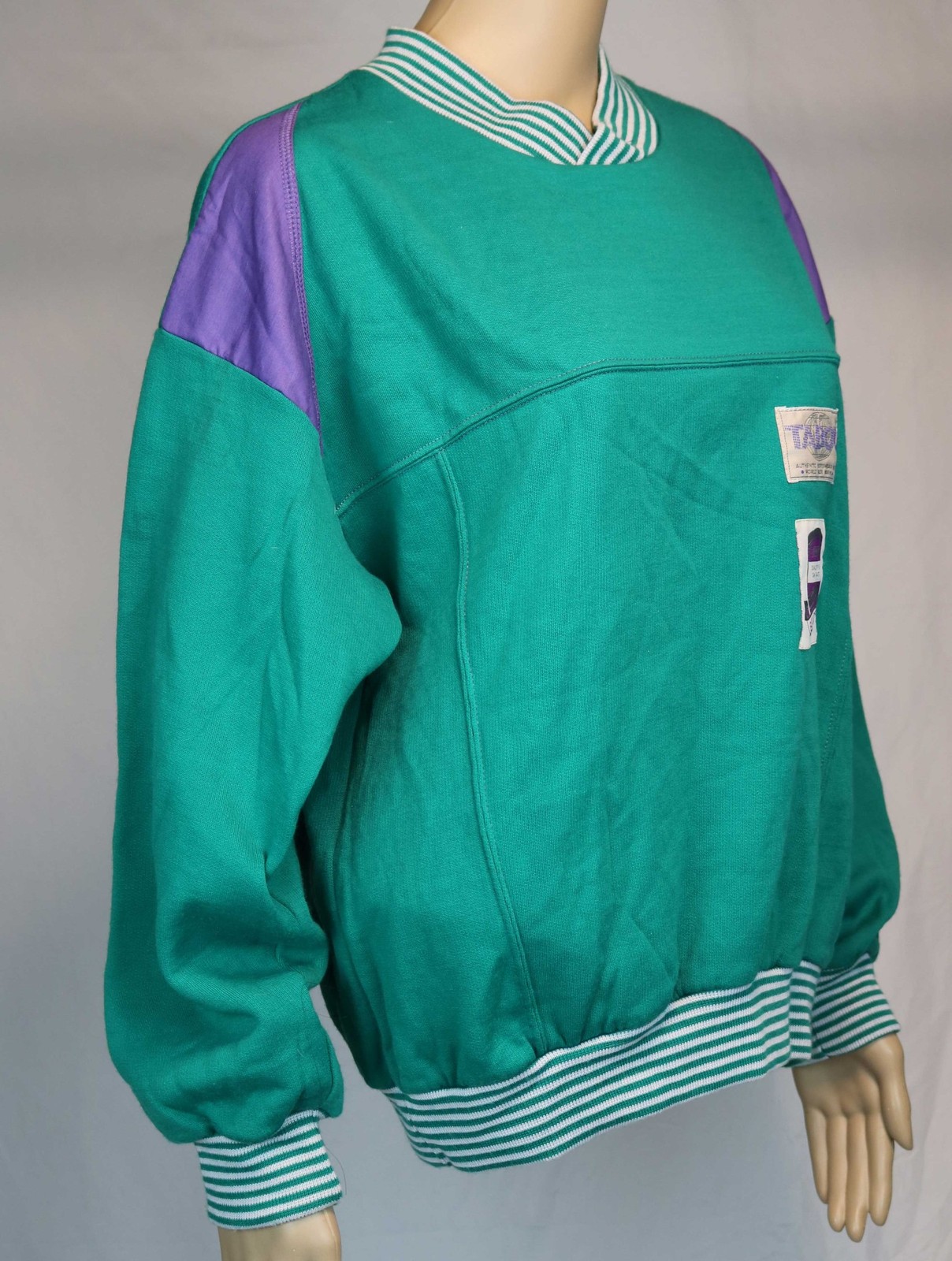 NWT 1980s Vintage Tabou Sweatshirt Pullover Green Purple Colorblock New Wave S/M