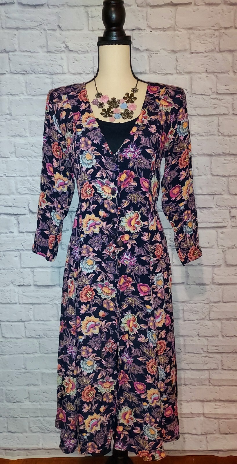 Vintage Starina Rayon Multi Floral Corset Back Lined Boho Midi Dress Size Small