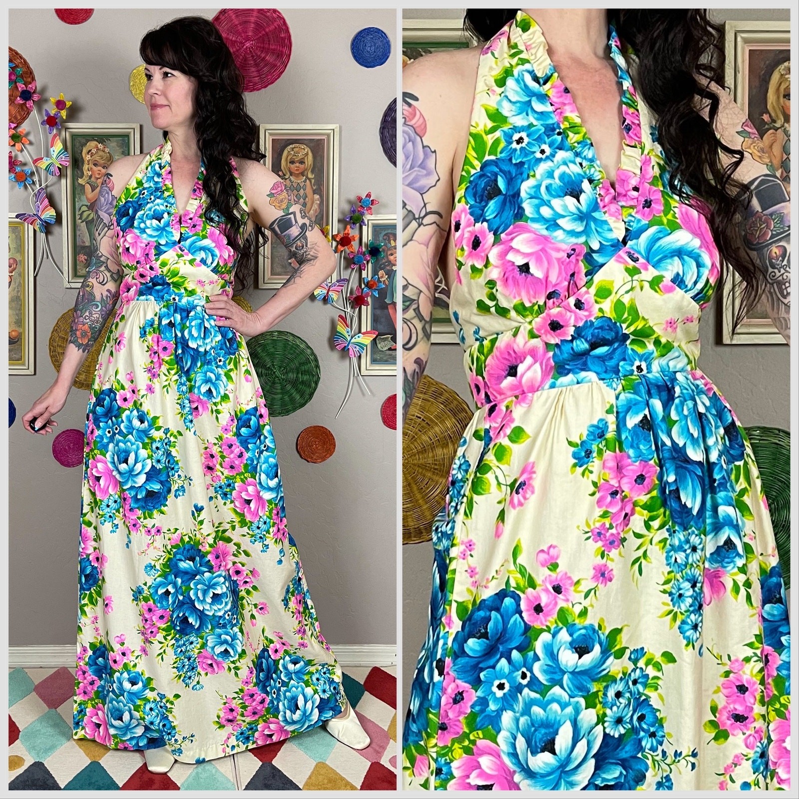 Vintage 1970s Floral Cotton Open Back Halter Maxi Dress | 26″-27″ Waist