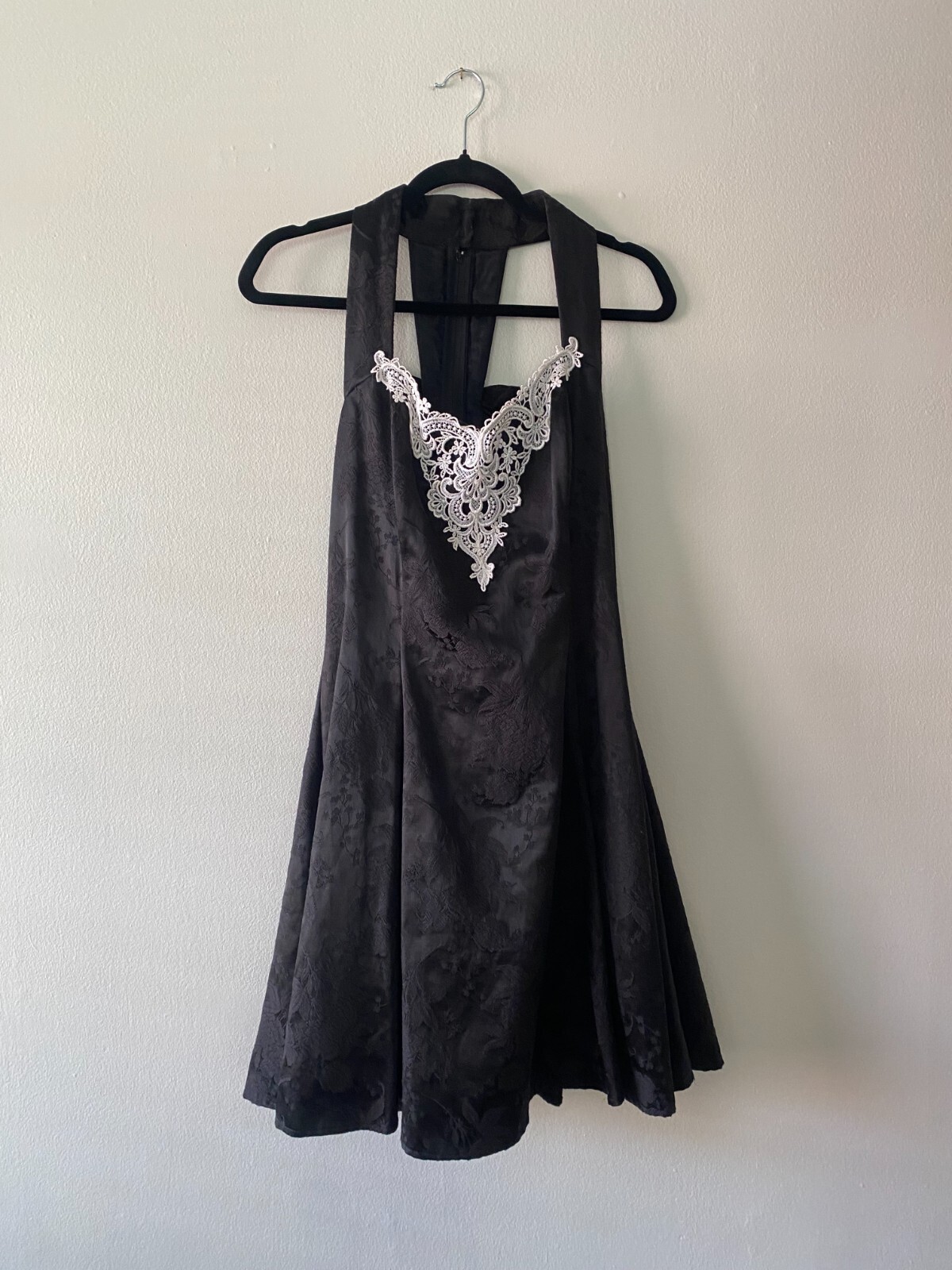 VTG 1980s/1990s Gunne Sax Black Brocade & Lace Halter Mini Dress Party
