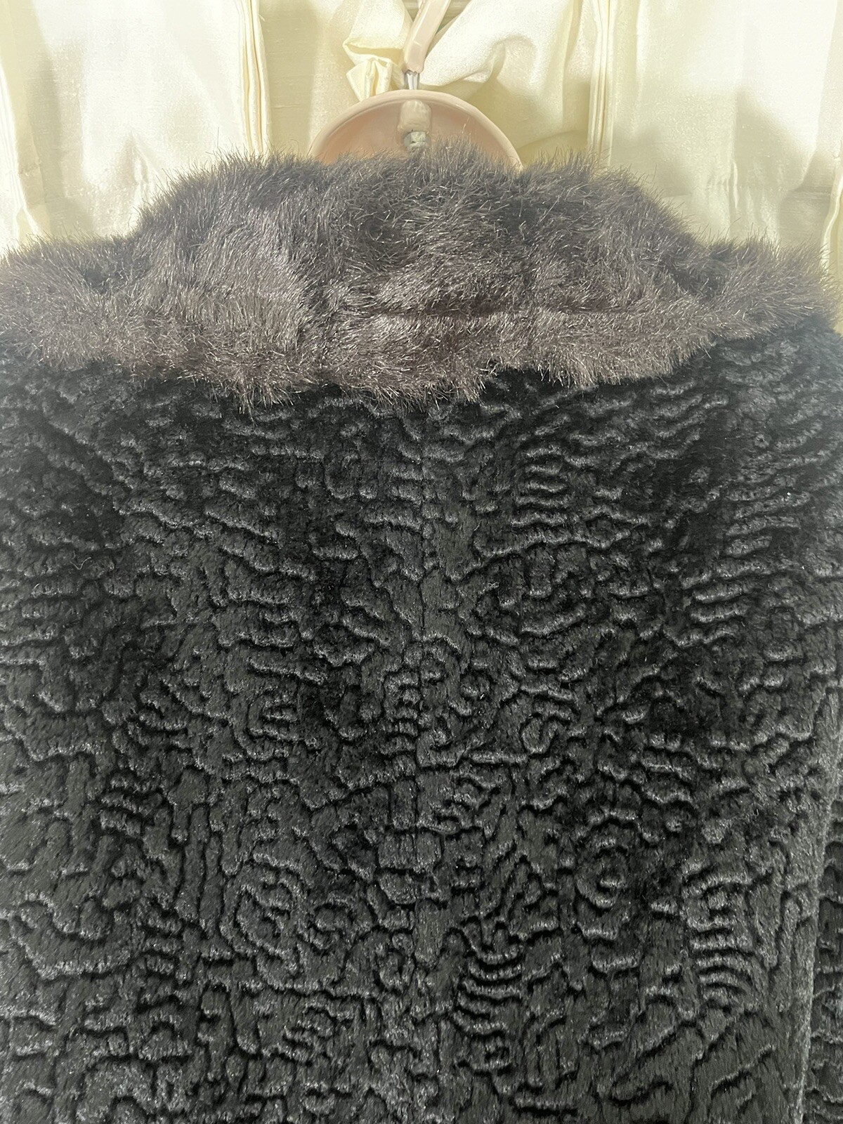Vintage Coat Penny Lane Embossed Black Velvet &Brown Faux Fur 60s/70s Size L/XL