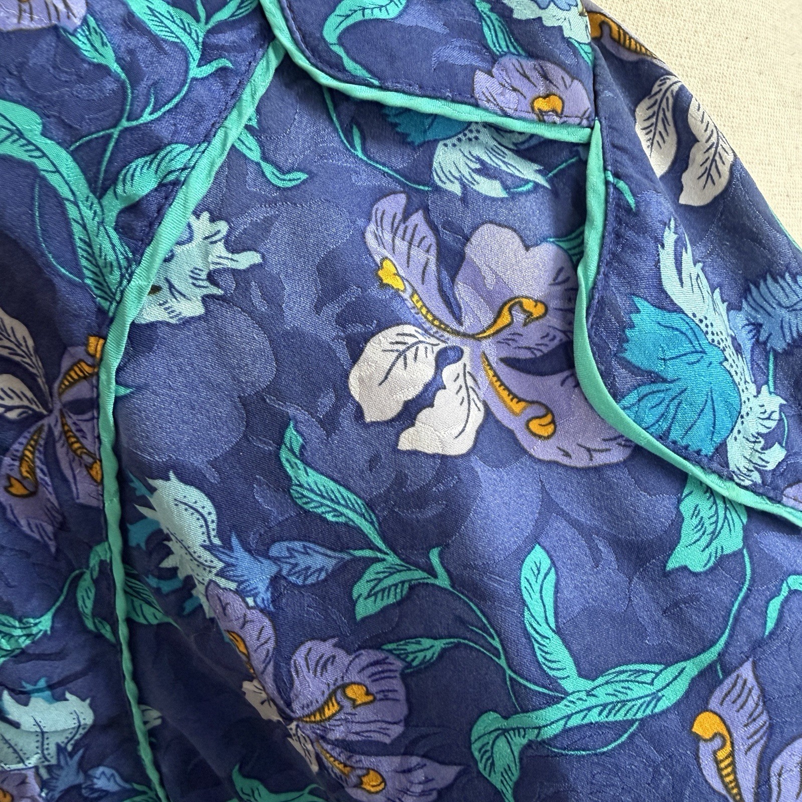 Vintage Valerie Stevens Pure Silk Floral Nightgown Robe Blue Teal 90s Loungewear