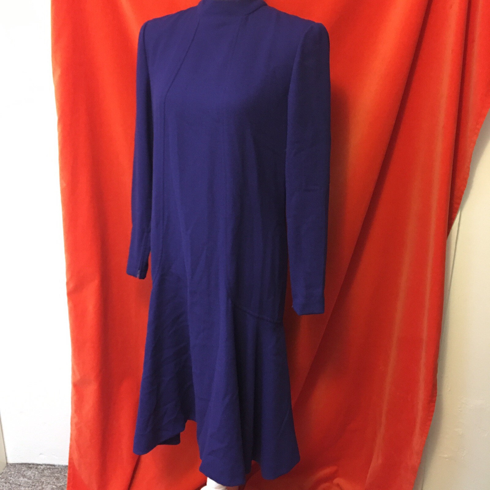 Pauline Trigere vintage 80s trumpet hem long sleeve wool dress purple size m