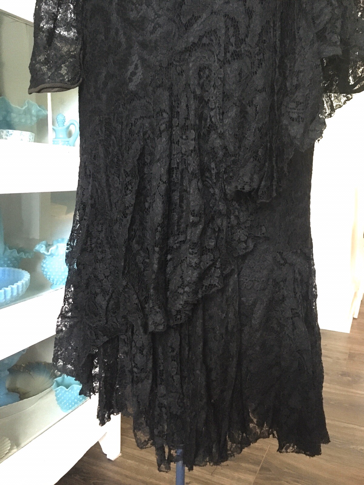 VTG 1920’s 30s Sheer BLACK LACE Evening Gown DRESS Bias Flounced RUFFLES Party