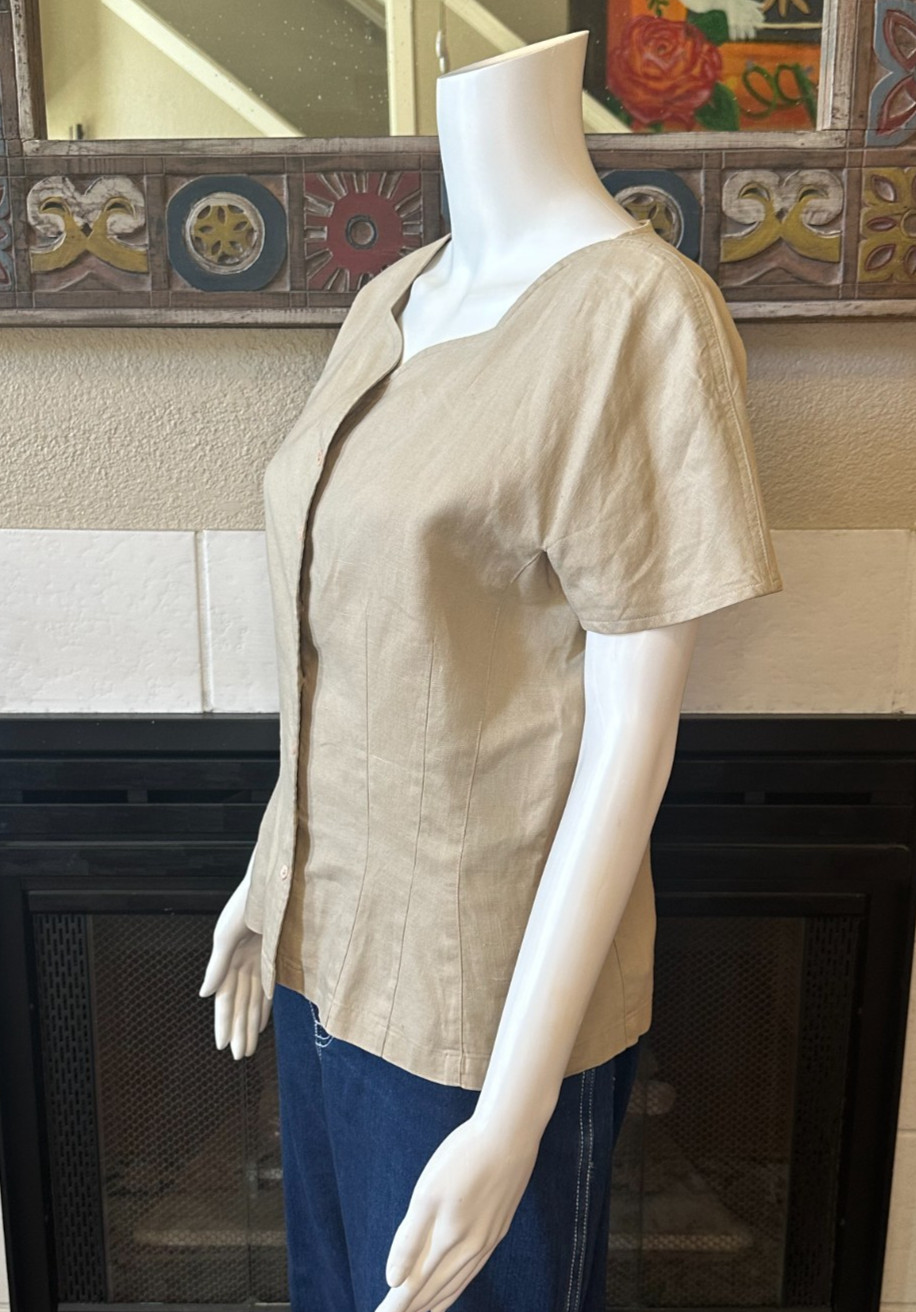 Claude Bennett Short Sleeve 100% Linen Size 12 tan button up blouse vtg