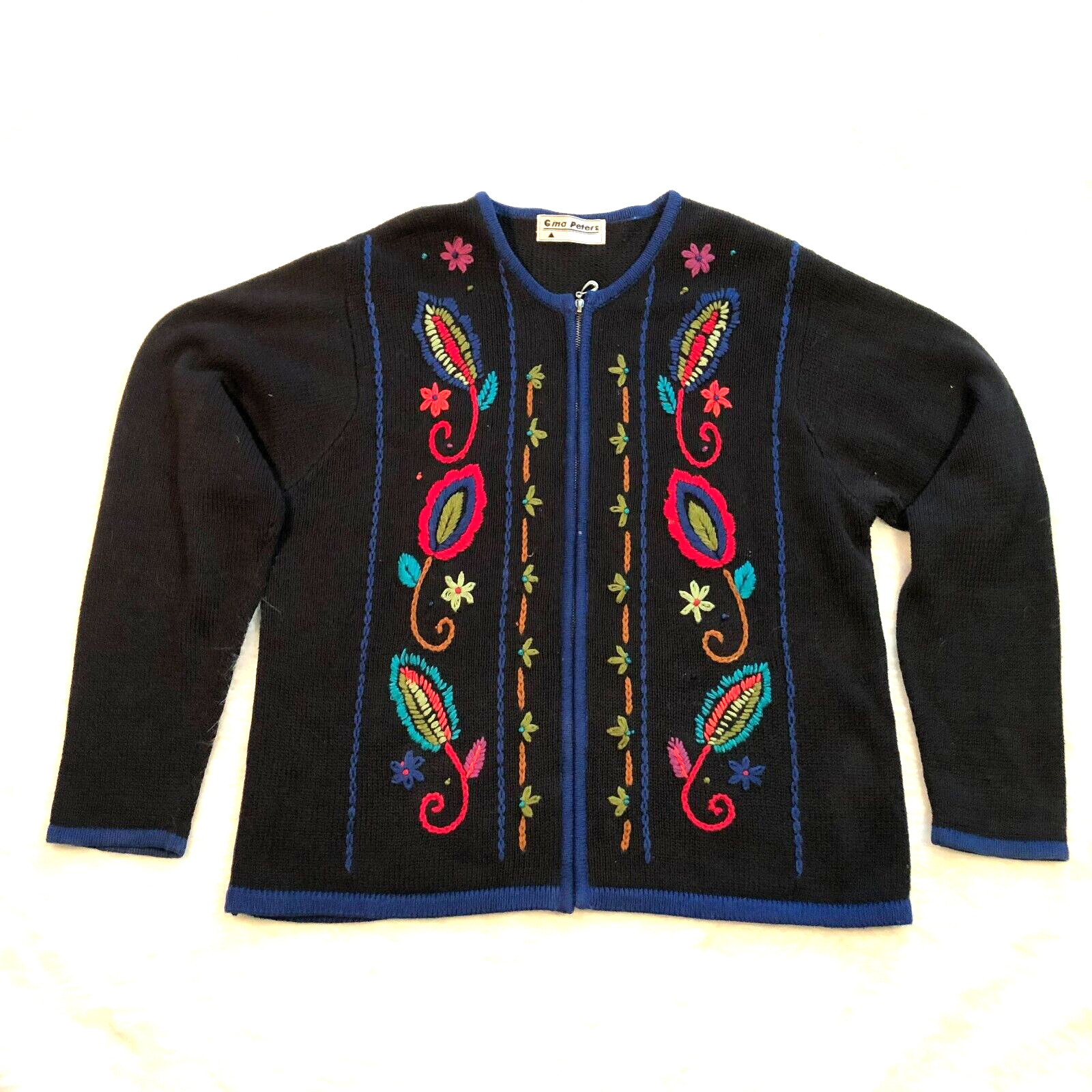 Vtg Gina Peters Black Cardigan Sweater Sz L Embroidered Flowers Full Zip Womens
