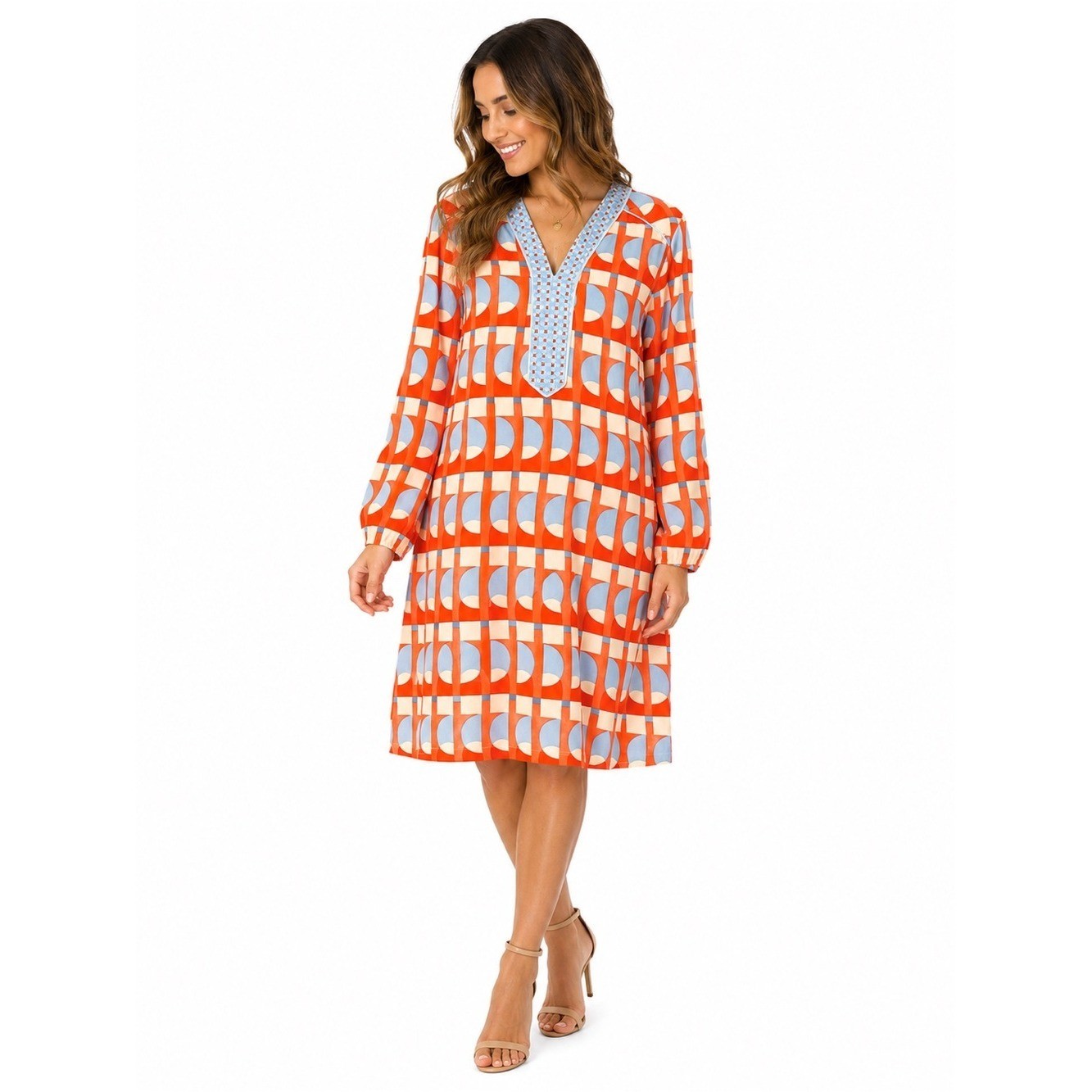 J. McLaughlin Size Large Retro Geometric MIDI Dress in Coral & Light Blue