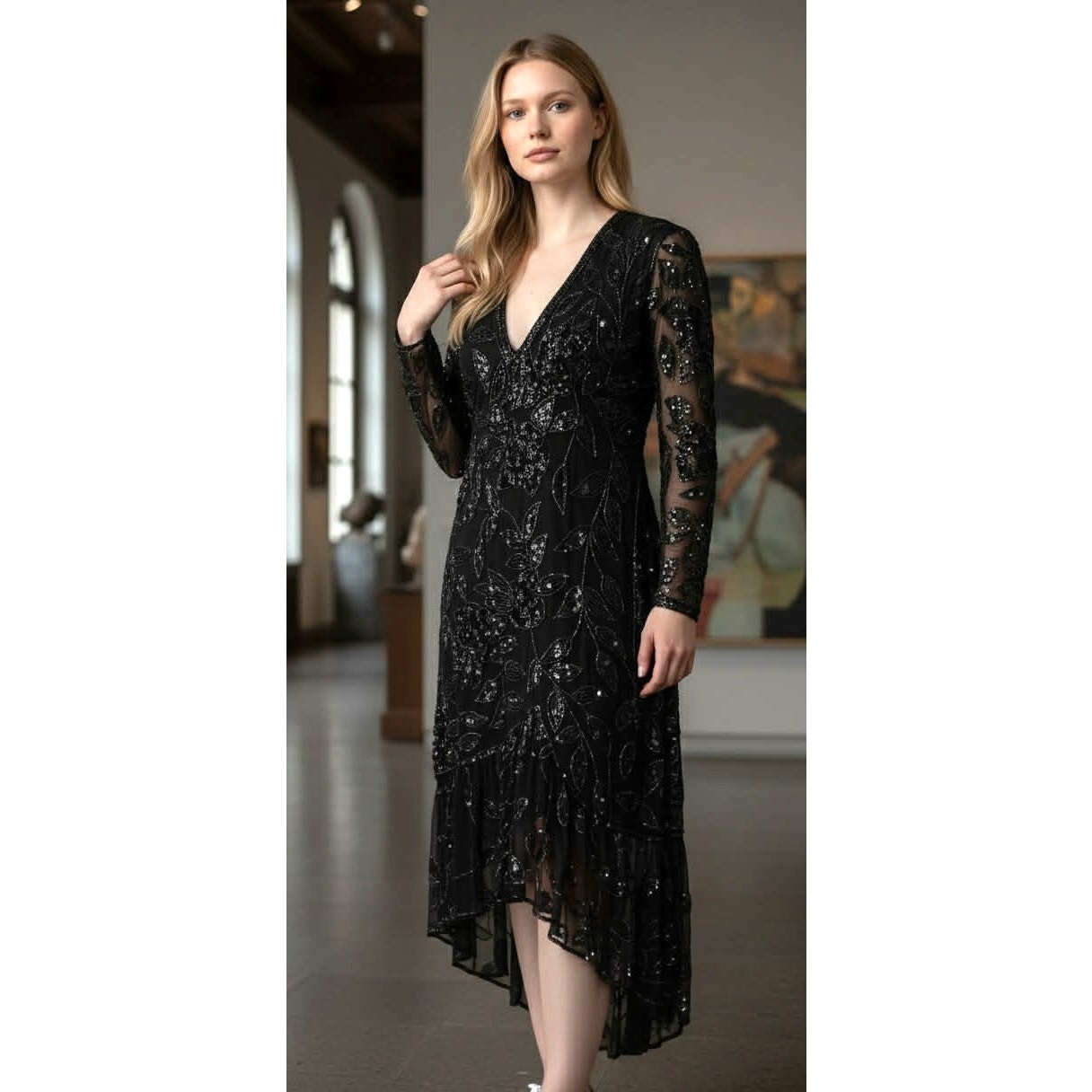 Vintage 1980s Black Silk Sequin Floral High Low Evening Dress Sheer Sleeves M