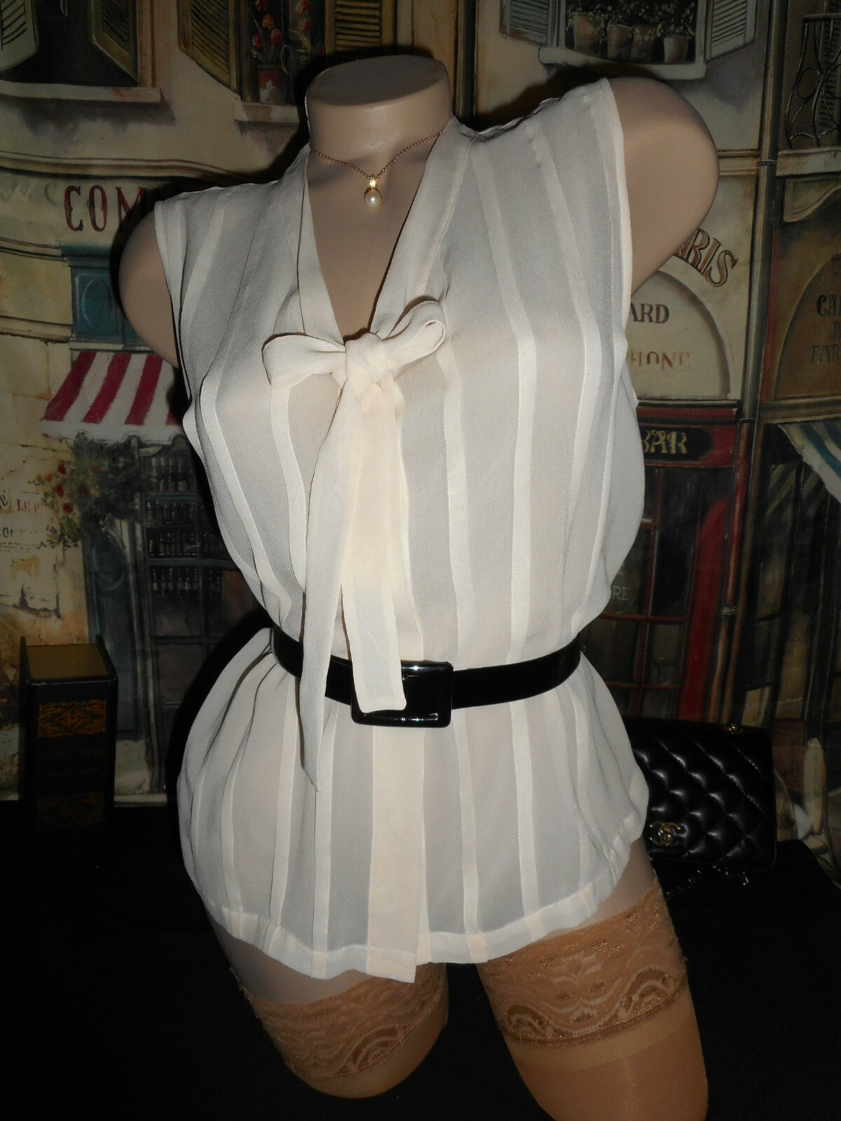 14 Silk Blouse Ivory Off-white Pussy Bow Sleeveless Never Worn & Symphony Scarf